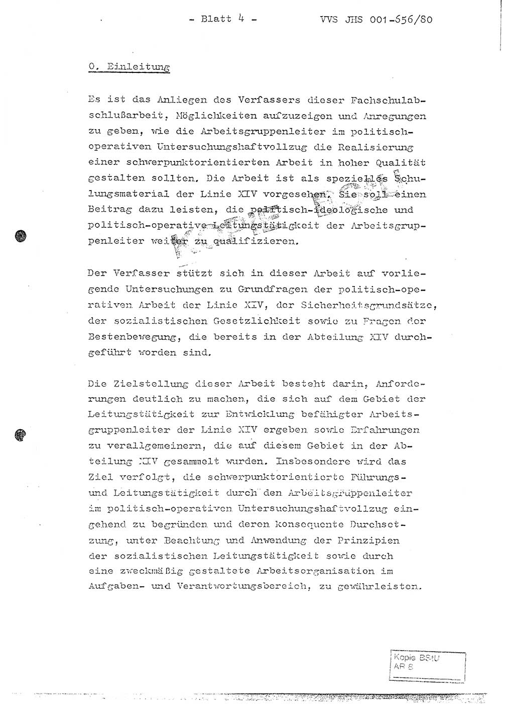 Fachschulabschlußarbeit Unterleutnant Christian Kätzel (Abt. ⅩⅣ), Ministerium für Staatssicherheit (MfS) [Deutsche Demokratische Republik (DDR)], Juristische Hochschule (JHS), Vertrauliche Verschlußsache (VVS) 001-656/80, Potsdam 1980, Blatt 4 (FS-Abschl.-Arb. MfS DDR JHS VVS 001-656/80 1980, Bl. 4)