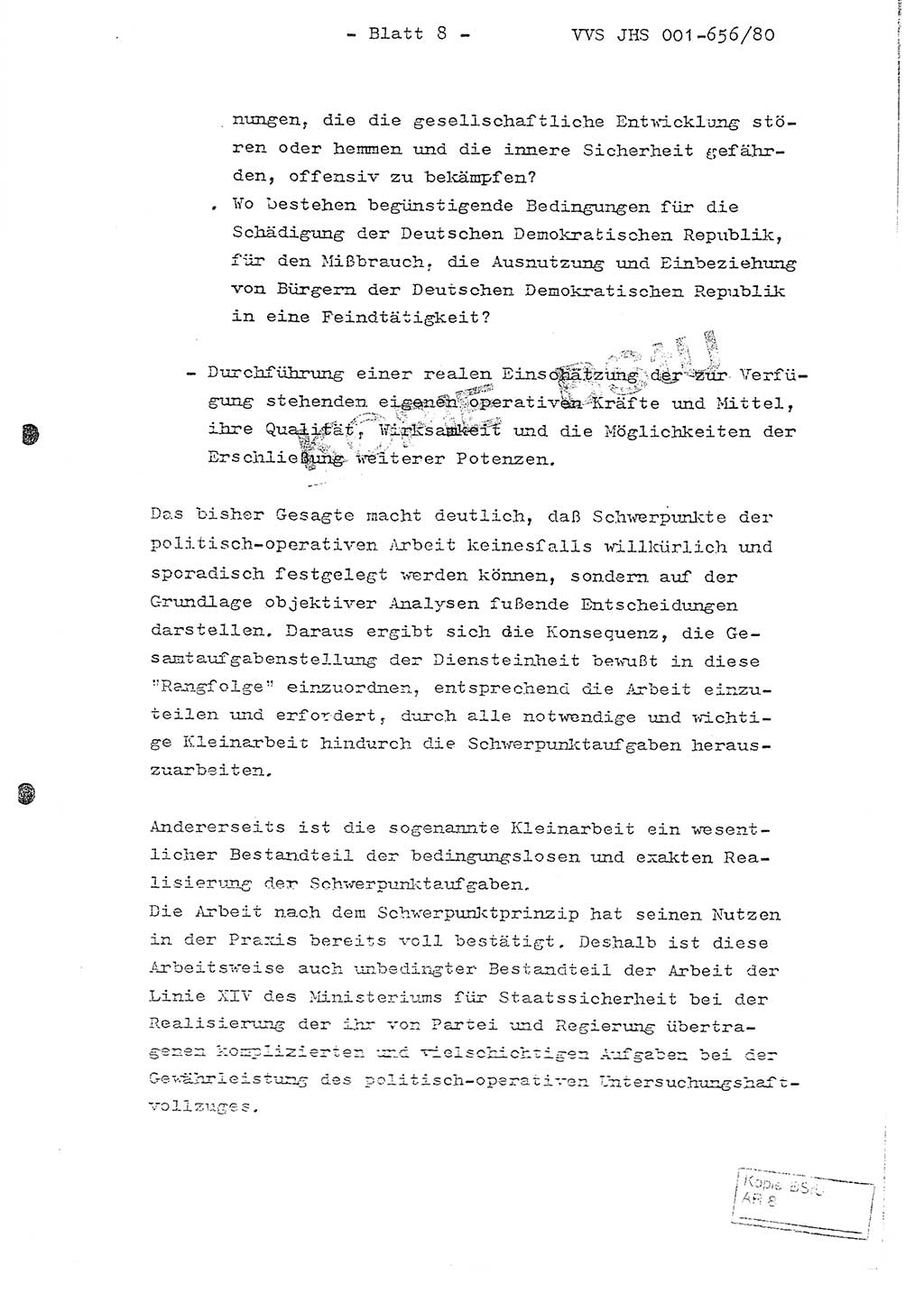 Fachschulabschlußarbeit Unterleutnant Christian Kätzel (Abt. ⅩⅣ), Ministerium für Staatssicherheit (MfS) [Deutsche Demokratische Republik (DDR)], Juristische Hochschule (JHS), Vertrauliche Verschlußsache (VVS) 001-656/80, Potsdam 1980, Blatt 8 (FS-Abschl.-Arb. MfS DDR JHS VVS 001-656/80 1980, Bl. 8)