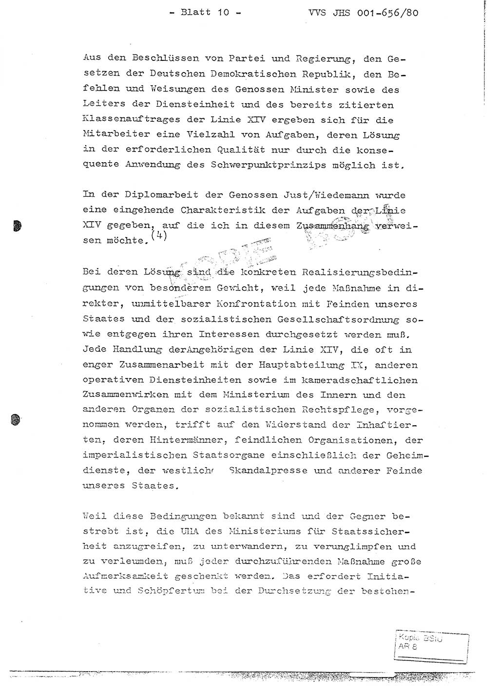 Fachschulabschlußarbeit Unterleutnant Christian Kätzel (Abt. ⅩⅣ), Ministerium für Staatssicherheit (MfS) [Deutsche Demokratische Republik (DDR)], Juristische Hochschule (JHS), Vertrauliche Verschlußsache (VVS) 001-656/80, Potsdam 1980, Blatt 10 (FS-Abschl.-Arb. MfS DDR JHS VVS 001-656/80 1980, Bl. 10)