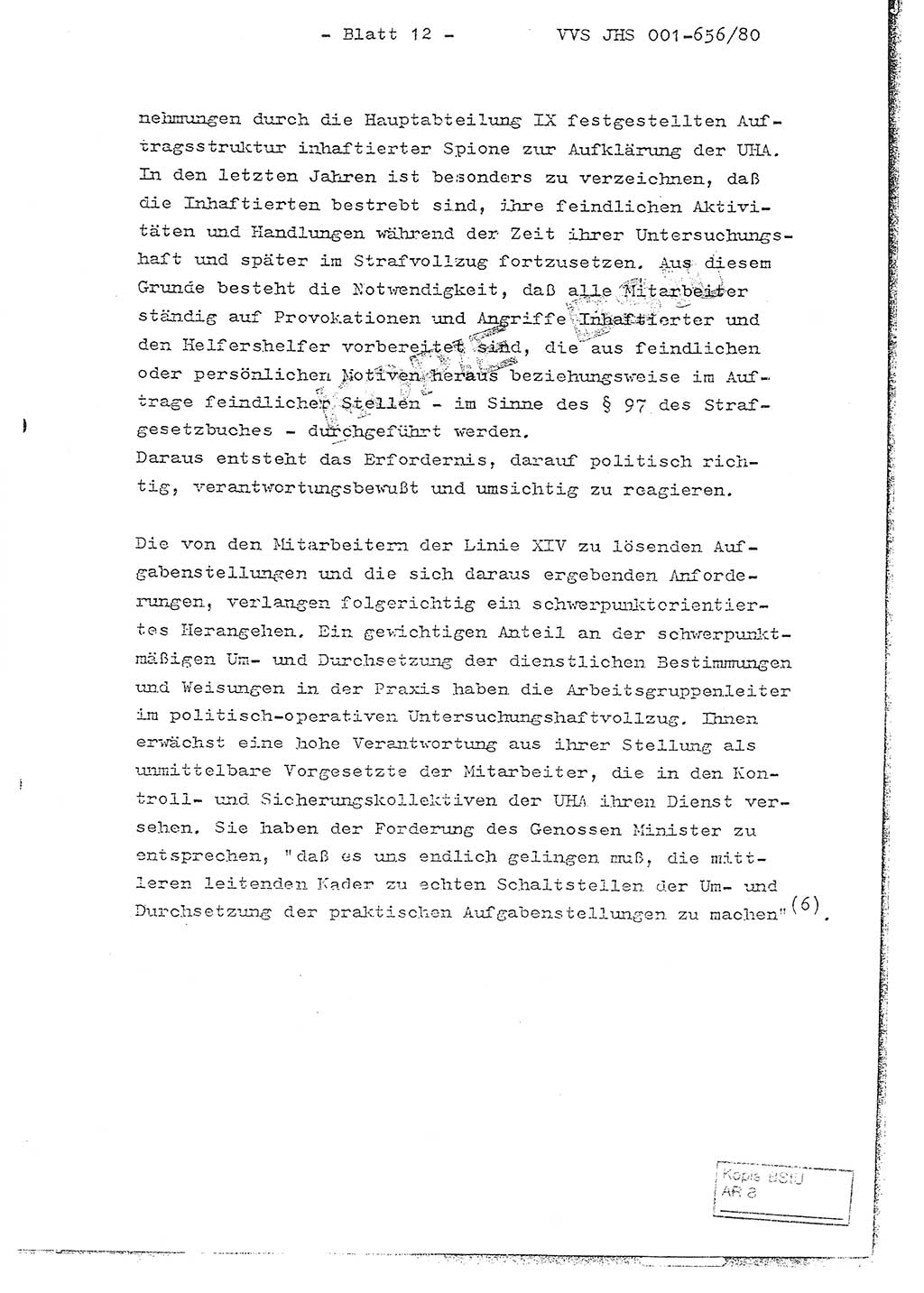 Fachschulabschlußarbeit Unterleutnant Christian Kätzel (Abt. ⅩⅣ), Ministerium für Staatssicherheit (MfS) [Deutsche Demokratische Republik (DDR)], Juristische Hochschule (JHS), Vertrauliche Verschlußsache (VVS) 001-656/80, Potsdam 1980, Blatt 12 (FS-Abschl.-Arb. MfS DDR JHS VVS 001-656/80 1980, Bl. 12)