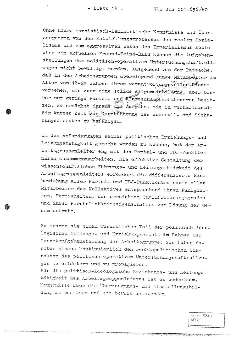 Fachschulabschlußarbeit Unterleutnant Christian Kätzel (Abt. ⅩⅣ), Ministerium für Staatssicherheit (MfS) [Deutsche Demokratische Republik (DDR)], Juristische Hochschule (JHS), Vertrauliche Verschlußsache (VVS) 001-656/80, Potsdam 1980, Blatt 14 (FS-Abschl.-Arb. MfS DDR JHS VVS 001-656/80 1980, Bl. 14)
