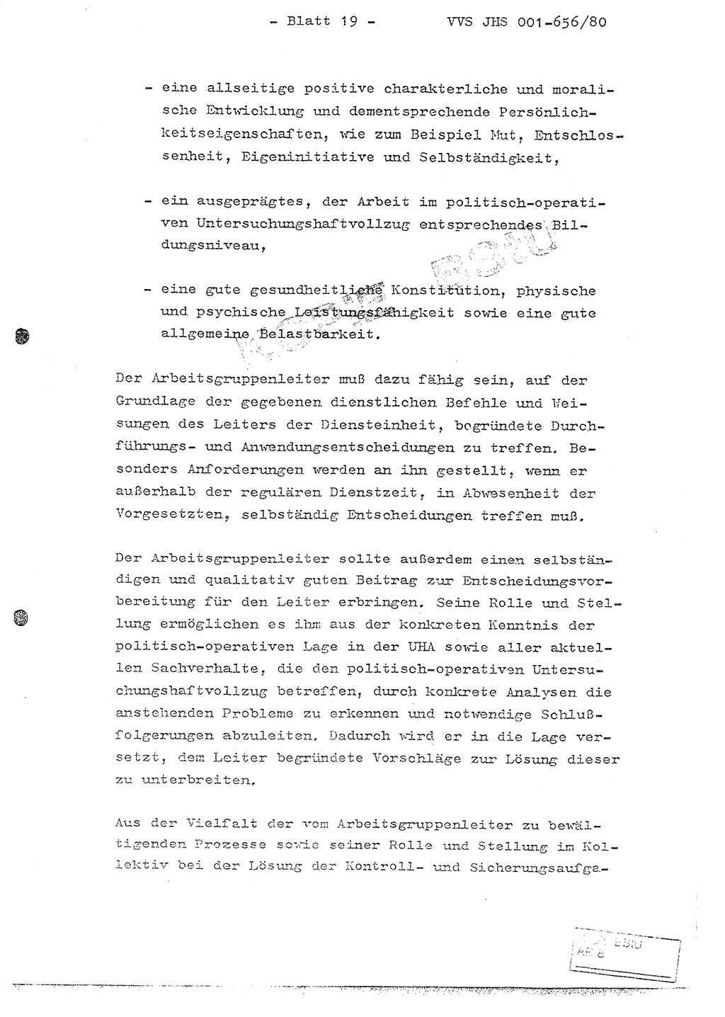 Fachschulabschlußarbeit Unterleutnant Christian Kätzel (Abt. ⅩⅣ), Ministerium für Staatssicherheit (MfS) [Deutsche Demokratische Republik (DDR)], Juristische Hochschule (JHS), Vertrauliche Verschlußsache (VVS) 001-656/80, Potsdam 1980, Blatt 19 (FS-Abschl.-Arb. MfS DDR JHS VVS 001-656/80 1980, Bl. 19)