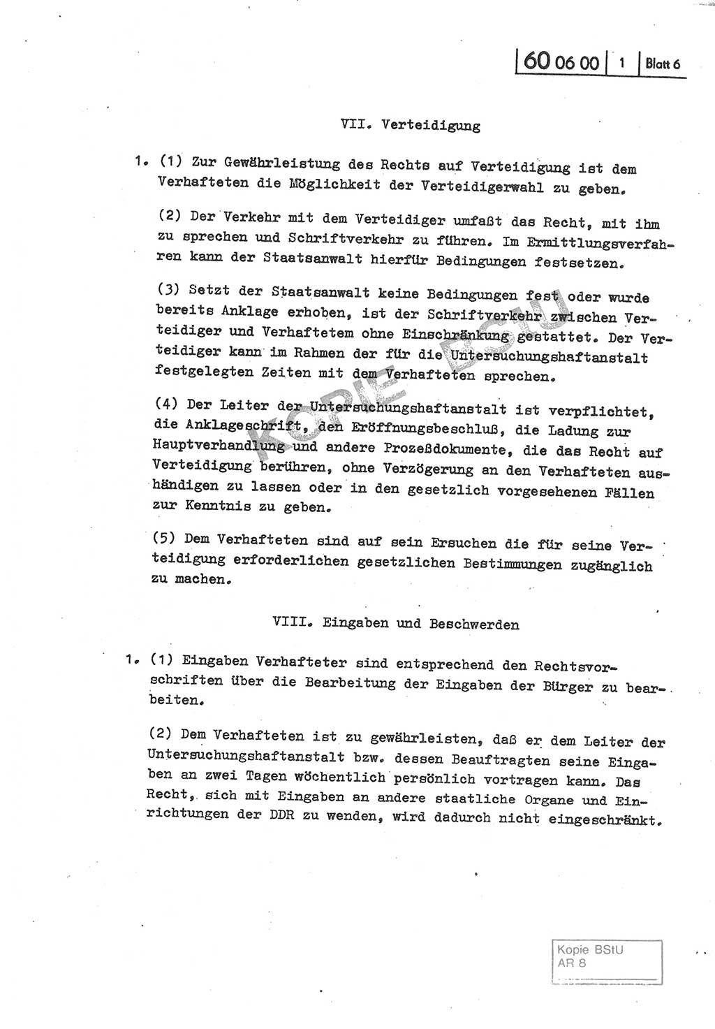 Gemeinsame Anweisung über die Durchführung der Untersuchungshaft [Deutsche Demokratische Republik (DDR)] - vom 22. Mai 1980, Der Generalstaatsanwalt (GStA) der Deutschen Demokratischen Republik, Der Minister für Staatssicherheit (MfS), Der Minister des Innern und Chef der Deutschen Volkspolizei (DVP), 22.5.1980, Blatt 6 (Gem. Anw. U-Haft DDR GStA MfS DVP 1980, Bl. 6)