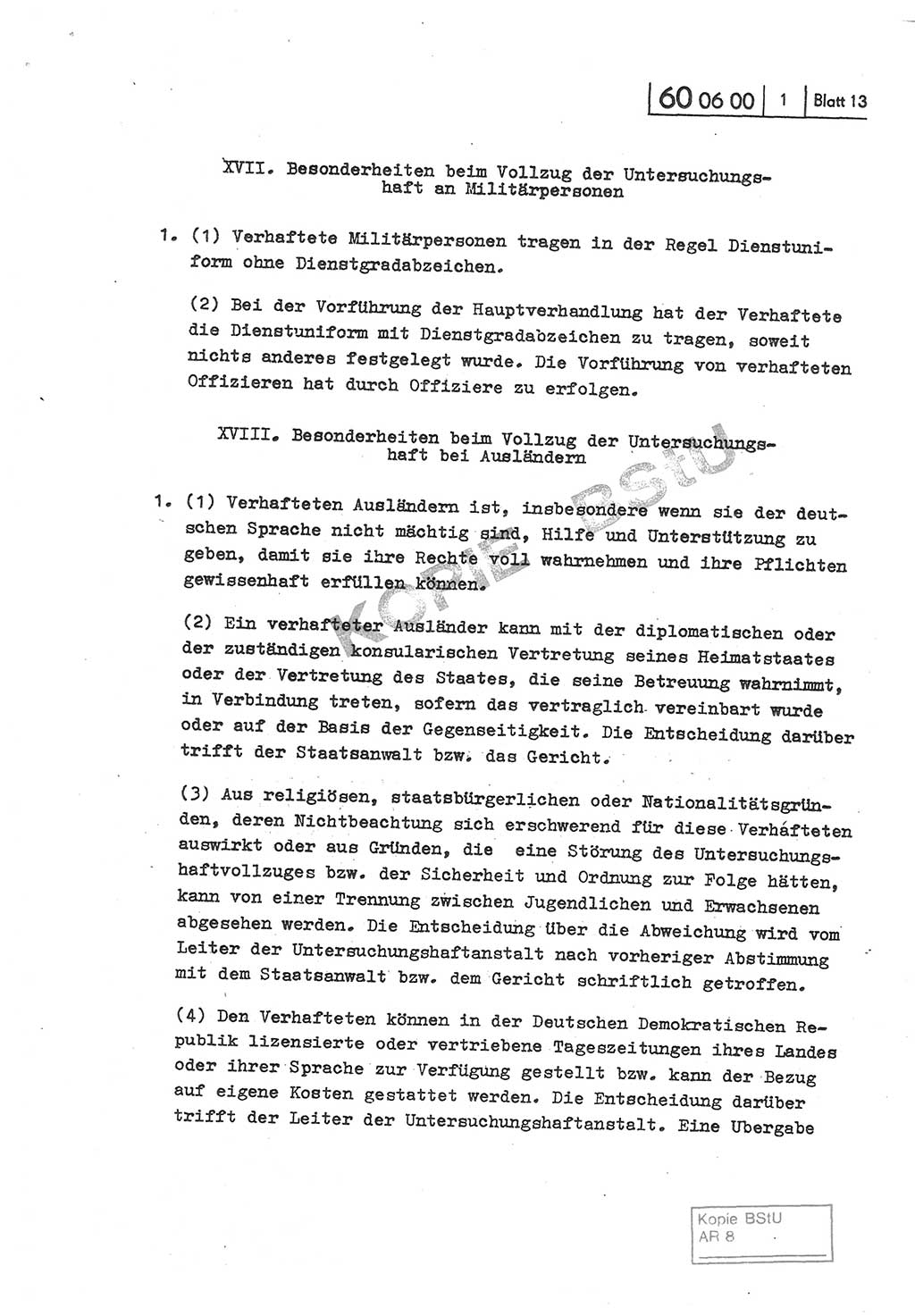 Gemeinsame Anweisung über die Durchführung der Untersuchungshaft [Deutsche Demokratische Republik (DDR)] - vom 22. Mai 1980, Der Generalstaatsanwalt (GStA) der Deutschen Demokratischen Republik, Der Minister für Staatssicherheit (MfS), Der Minister des Innern und Chef der Deutschen Volkspolizei (DVP), 22.5.1980, Blatt 13 (Gem. Anw. U-Haft DDR GStA MfS DVP 1980, Bl. 13)