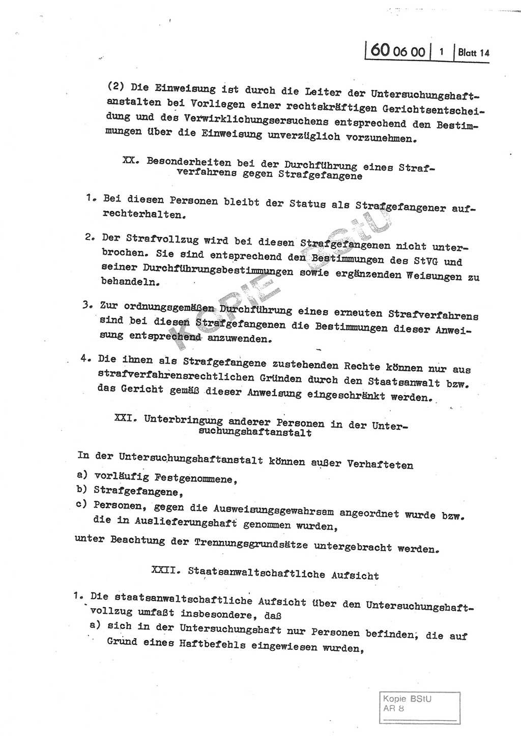 Gemeinsame Anweisung über die Durchführung der Untersuchungshaft [Deutsche Demokratische Republik (DDR)] - vom 22. Mai 1980, Der Generalstaatsanwalt (GStA) der Deutschen Demokratischen Republik, Der Minister für Staatssicherheit (MfS), Der Minister des Innern und Chef der Deutschen Volkspolizei (DVP), 22.5.1980, Blatt 14 (Gem. Anw. U-Haft DDR GStA MfS DVP 1980, Bl. 14)