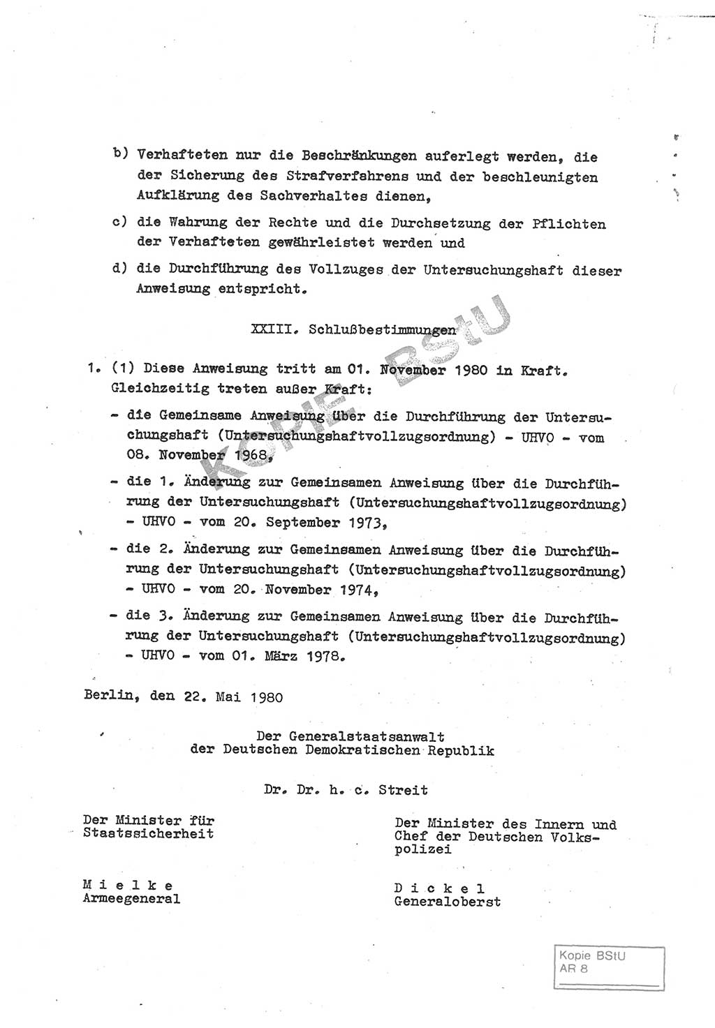 Gemeinsame Anweisung über die Durchführung der Untersuchungshaft [Deutsche Demokratische Republik (DDR)] - vom 22. Mai 1980, Der Generalstaatsanwalt (GStA) der Deutschen Demokratischen Republik, Der Minister für Staatssicherheit (MfS), Der Minister des Innern und Chef der Deutschen Volkspolizei (DVP), 22.5.1980, Blatt 14/1 (Gem. Anw. U-Haft DDR GStA MfS DVP 1980, Bl. 14/1)