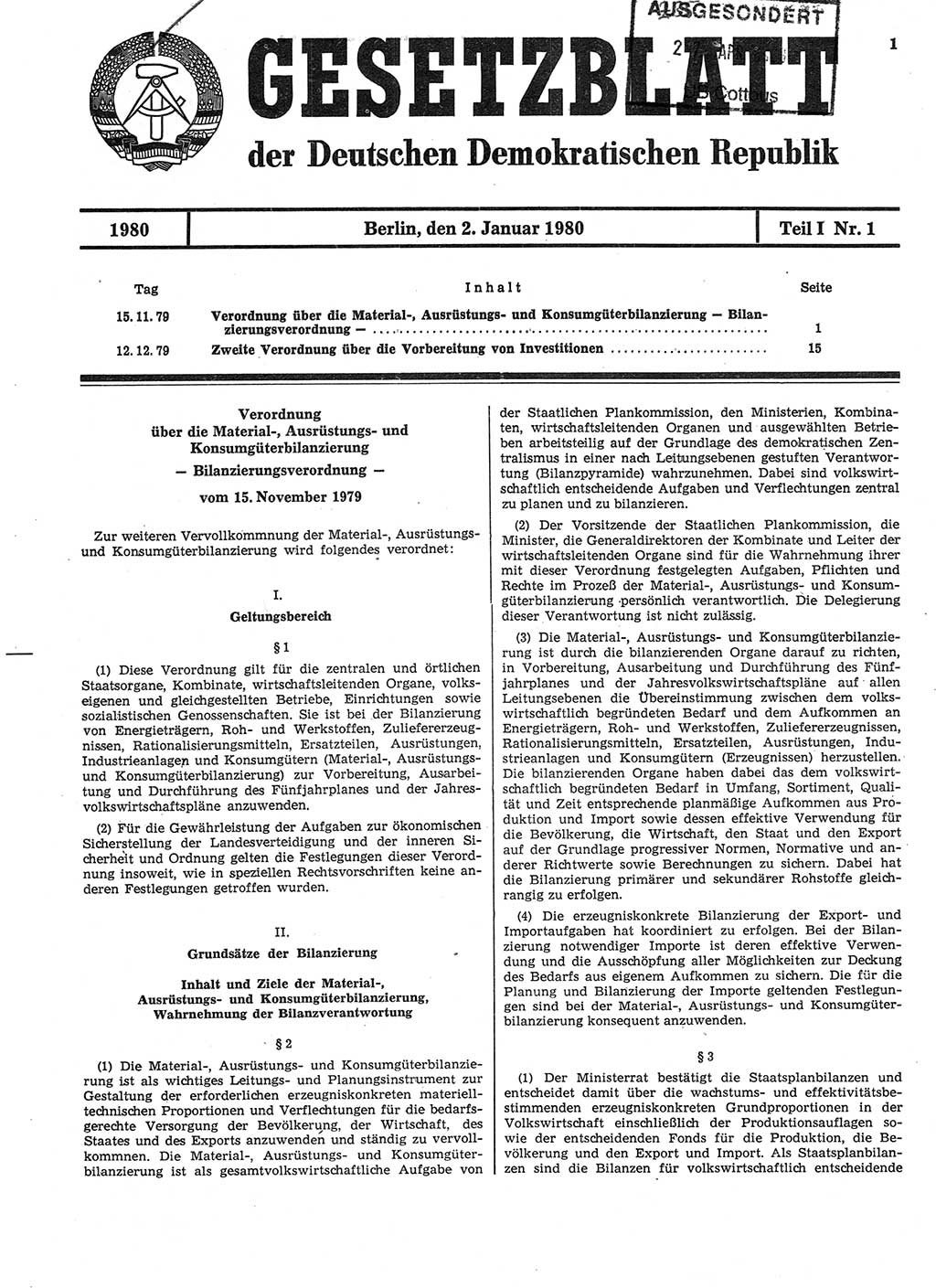 Gesetzblatt (GBl.) der Deutschen Demokratischen Republik (DDR) Teil Ⅰ 1980, Seite 1 (GBl. DDR Ⅰ 1980, S. 1)