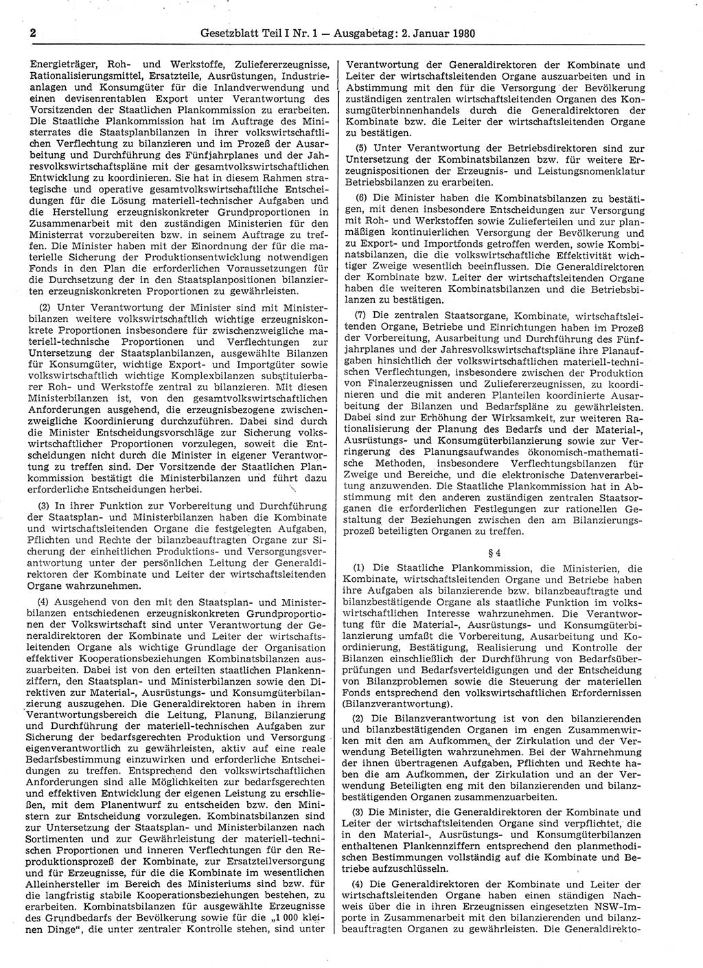 Gesetzblatt (GBl.) der Deutschen Demokratischen Republik (DDR) Teil Ⅰ 1980, Seite 2 (GBl. DDR Ⅰ 1980, S. 2)