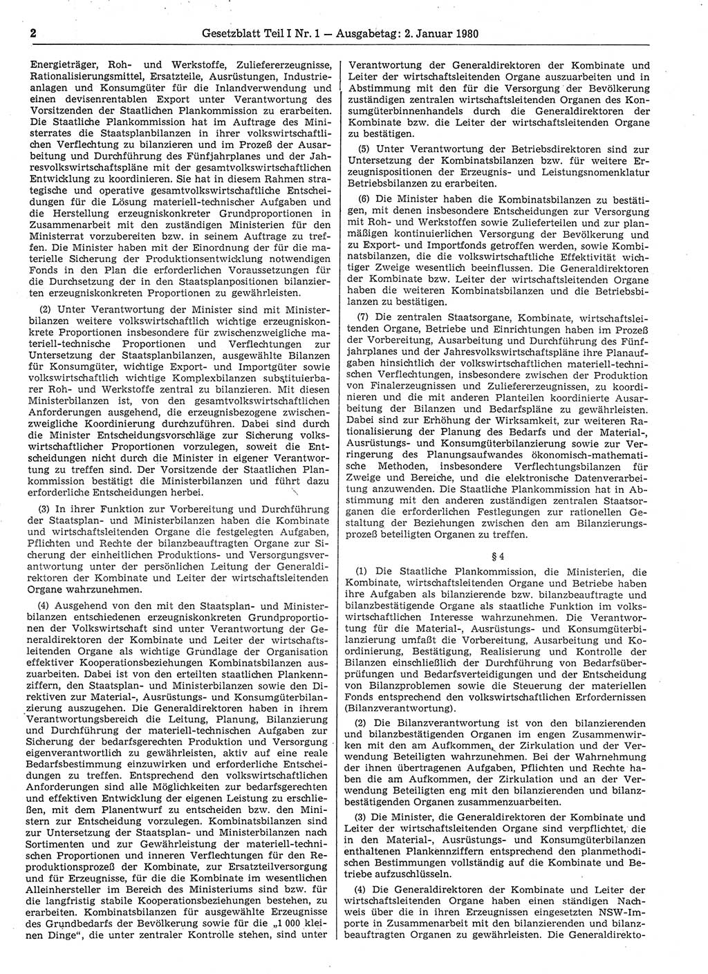 Gesetzblatt (GBl.) der Deutschen Demokratischen Republik (DDR) Teil Ⅰ 1980, Seite 2 (GBl. DDR Ⅰ 1980, S. 2)