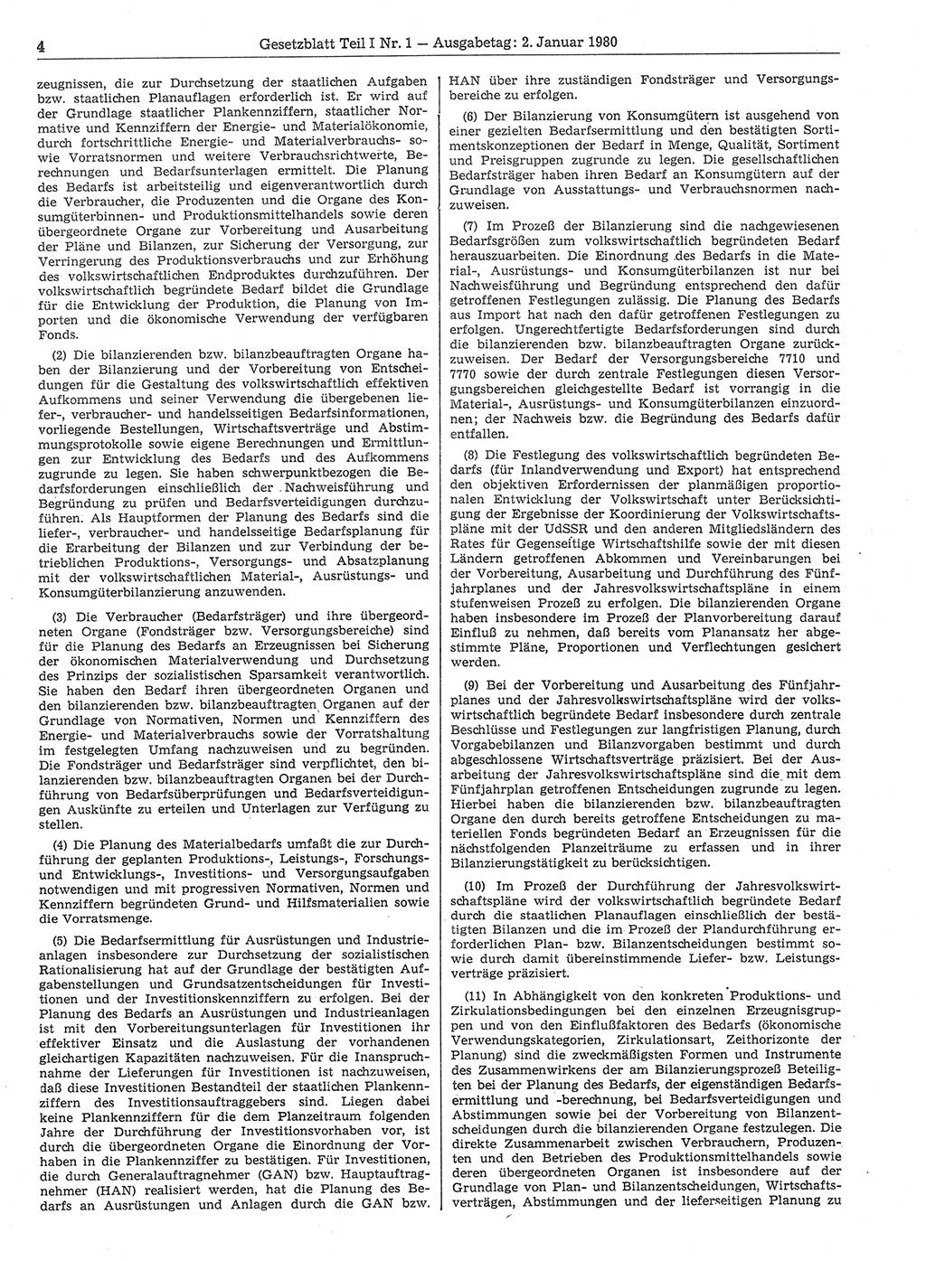 Gesetzblatt (GBl.) der Deutschen Demokratischen Republik (DDR) Teil Ⅰ 1980, Seite 4 (GBl. DDR Ⅰ 1980, S. 4)