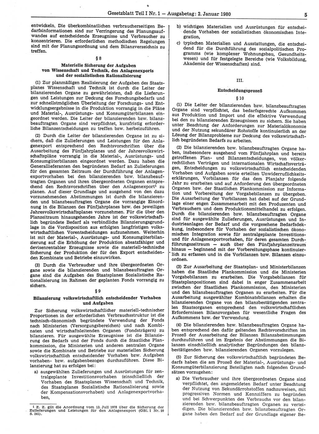 Gesetzblatt (GBl.) der Deutschen Demokratischen Republik (DDR) Teil Ⅰ 1980, Seite 5 (GBl. DDR Ⅰ 1980, S. 5)