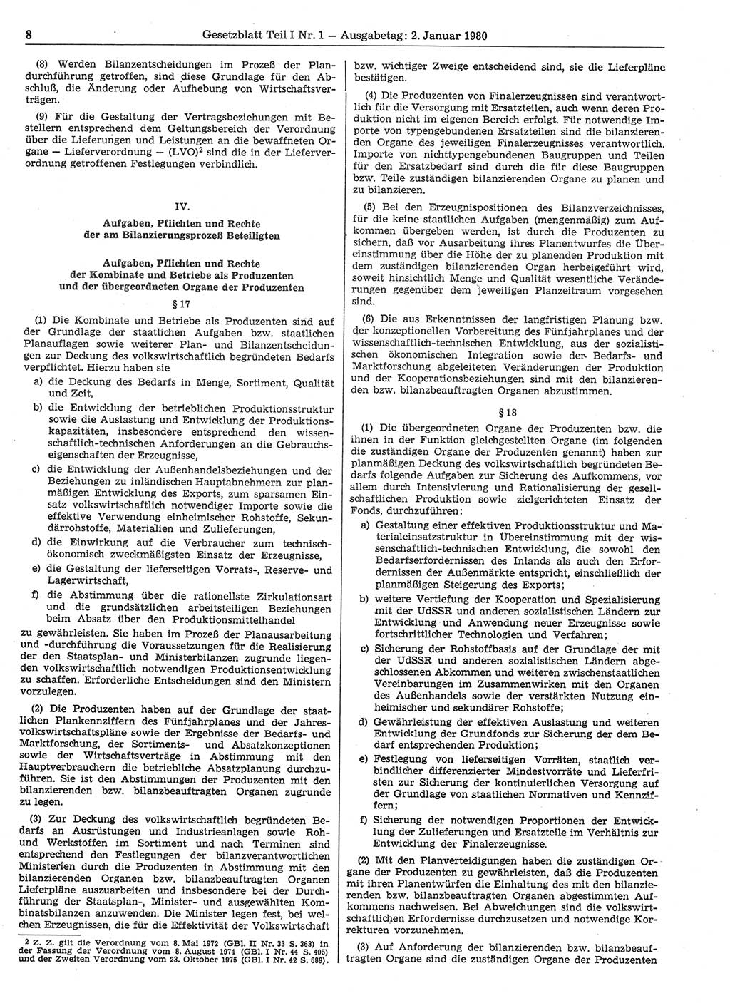 Gesetzblatt (GBl.) der Deutschen Demokratischen Republik (DDR) Teil Ⅰ 1980, Seite 8 (GBl. DDR Ⅰ 1980, S. 8)