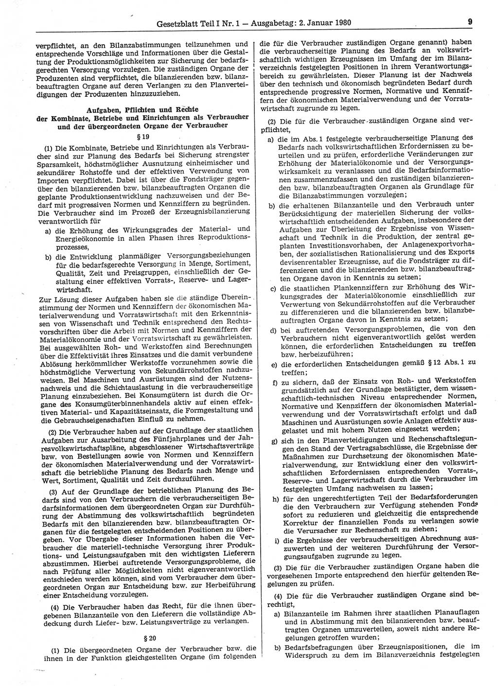 Gesetzblatt (GBl.) der Deutschen Demokratischen Republik (DDR) Teil Ⅰ 1980, Seite 9 (GBl. DDR Ⅰ 1980, S. 9)