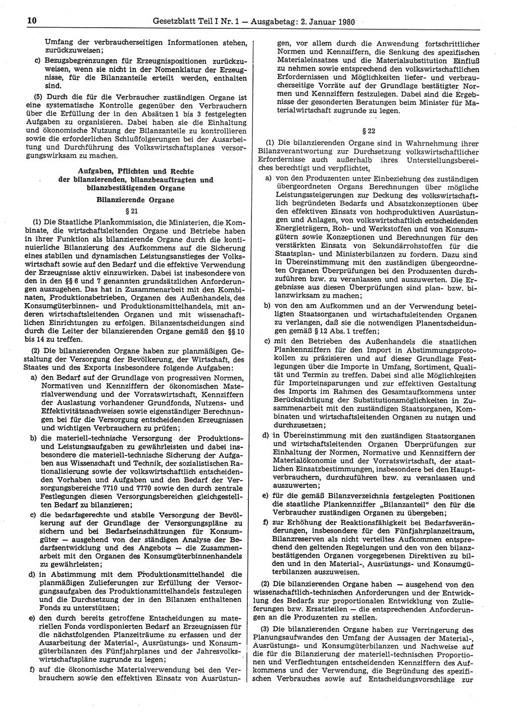 Gesetzblatt (GBl.) der Deutschen Demokratischen Republik (DDR) Teil Ⅰ 1980, Seite 10 (GBl. DDR Ⅰ 1980, S. 10)