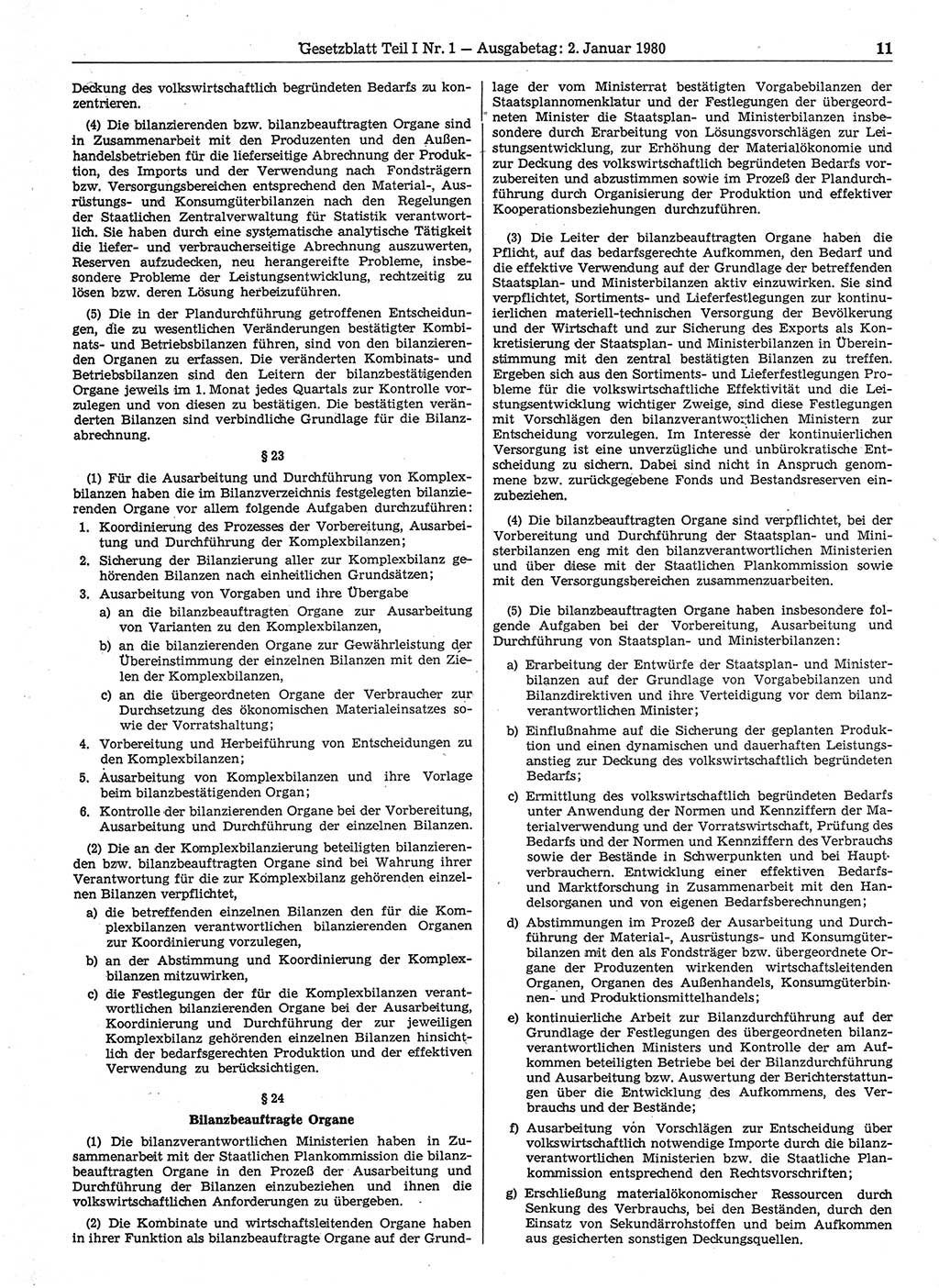 Gesetzblatt (GBl.) der Deutschen Demokratischen Republik (DDR) Teil Ⅰ 1980, Seite 11 (GBl. DDR Ⅰ 1980, S. 11)