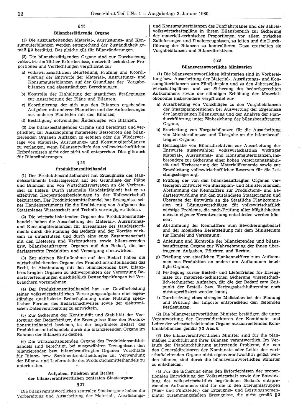 Gesetzblatt (GBl.) der Deutschen Demokratischen Republik (DDR) Teil Ⅰ 1980, Seite 12 (GBl. DDR Ⅰ 1980, S. 12)