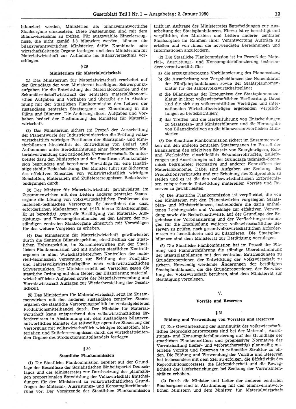 Gesetzblatt (GBl.) der Deutschen Demokratischen Republik (DDR) Teil Ⅰ 1980, Seite 13 (GBl. DDR Ⅰ 1980, S. 13)