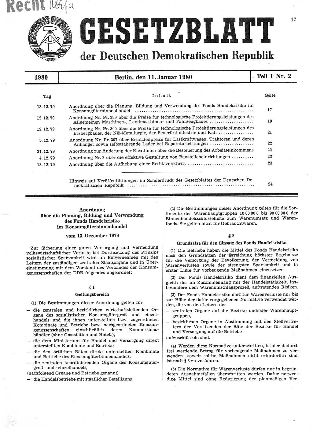 Gesetzblatt (GBl.) der Deutschen Demokratischen Republik (DDR) Teil Ⅰ 1980, Seite 17 (GBl. DDR Ⅰ 1980, S. 17)