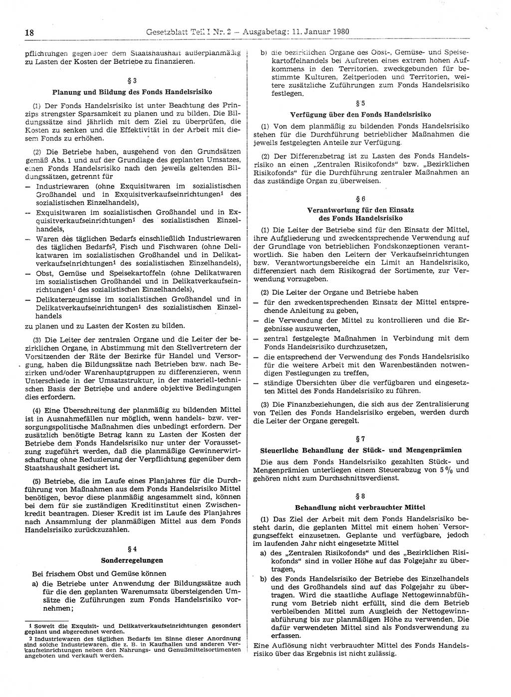 Gesetzblatt (GBl.) der Deutschen Demokratischen Republik (DDR) Teil Ⅰ 1980, Seite 18 (GBl. DDR Ⅰ 1980, S. 18)