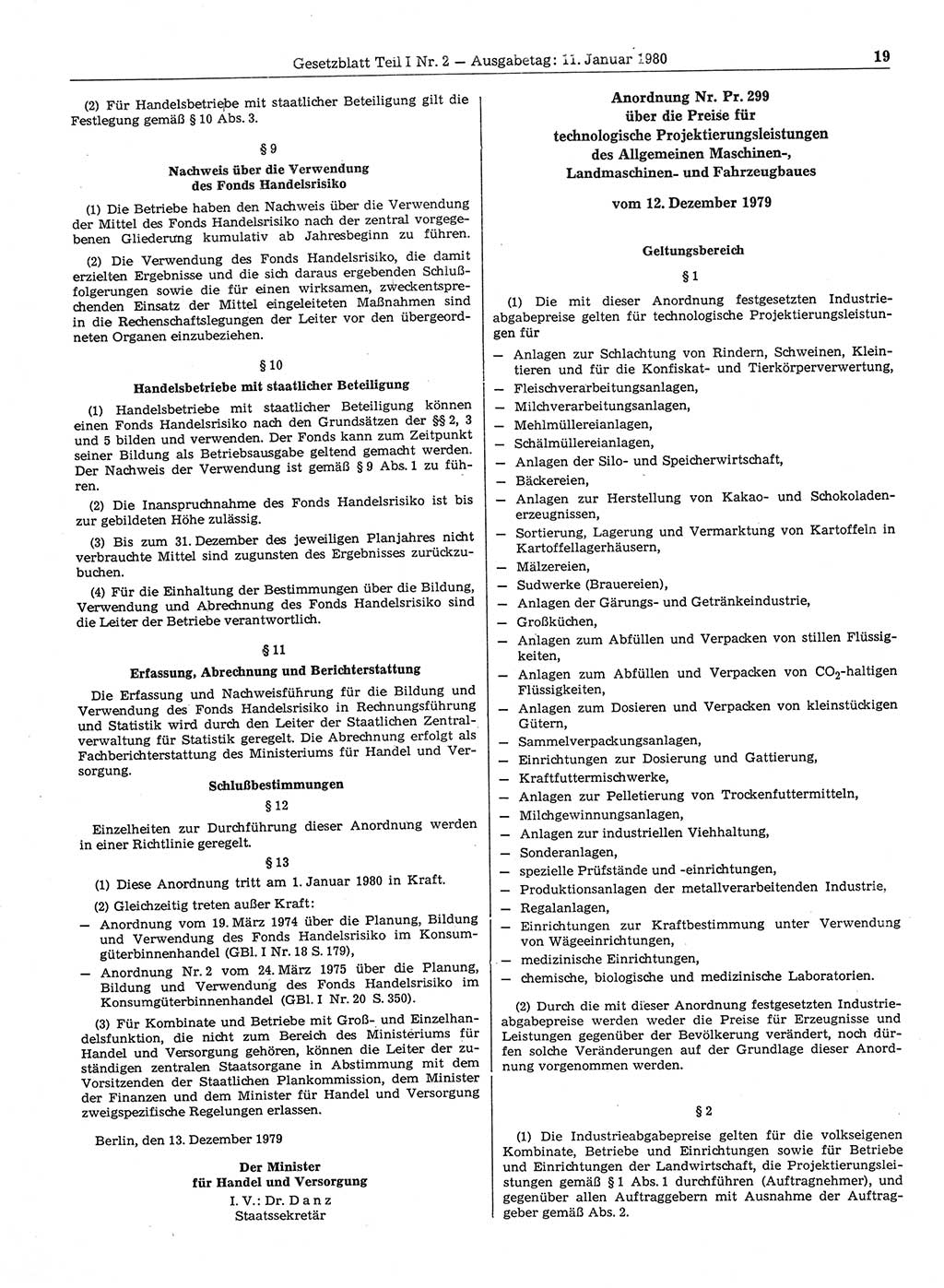 Gesetzblatt (GBl.) der Deutschen Demokratischen Republik (DDR) Teil Ⅰ 1980, Seite 19 (GBl. DDR Ⅰ 1980, S. 19)