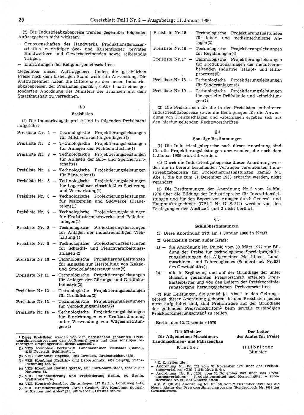 Gesetzblatt (GBl.) der Deutschen Demokratischen Republik (DDR) Teil Ⅰ 1980, Seite 20 (GBl. DDR Ⅰ 1980, S. 20)