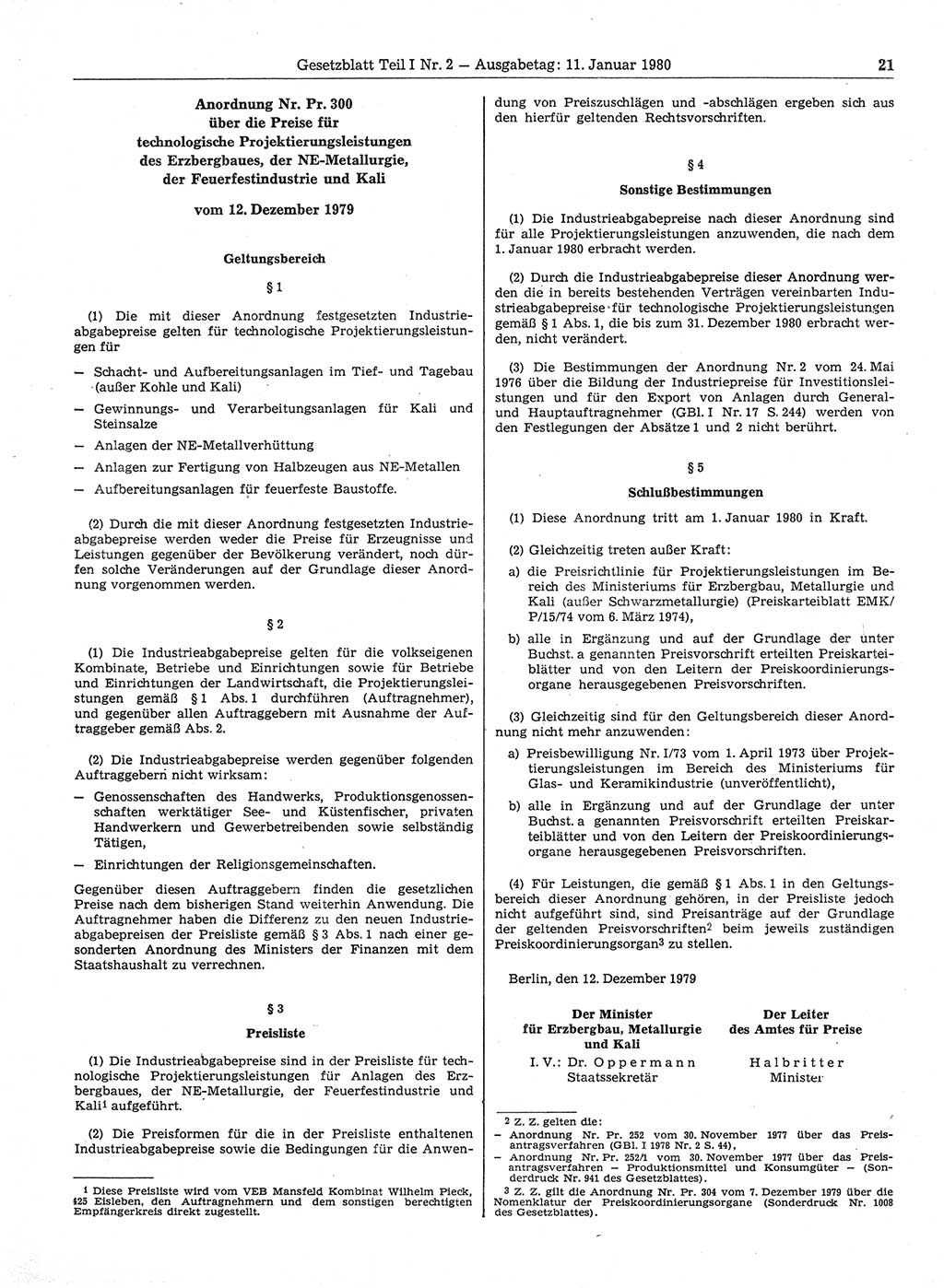 Gesetzblatt (GBl.) der Deutschen Demokratischen Republik (DDR) Teil Ⅰ 1980, Seite 21 (GBl. DDR Ⅰ 1980, S. 21)