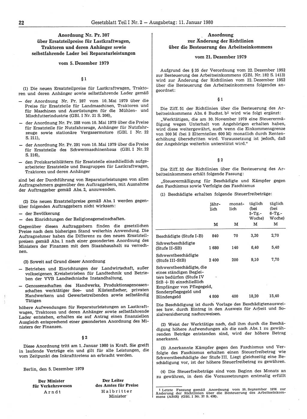 Gesetzblatt (GBl.) der Deutschen Demokratischen Republik (DDR) Teil Ⅰ 1980, Seite 22 (GBl. DDR Ⅰ 1980, S. 22)