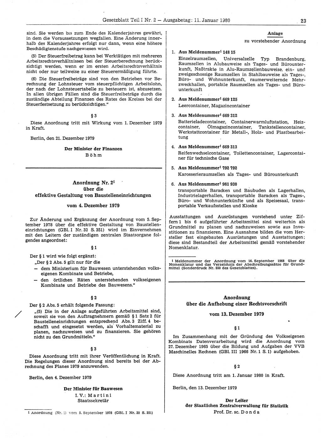 Gesetzblatt (GBl.) der Deutschen Demokratischen Republik (DDR) Teil Ⅰ 1980, Seite 23 (GBl. DDR Ⅰ 1980, S. 23)