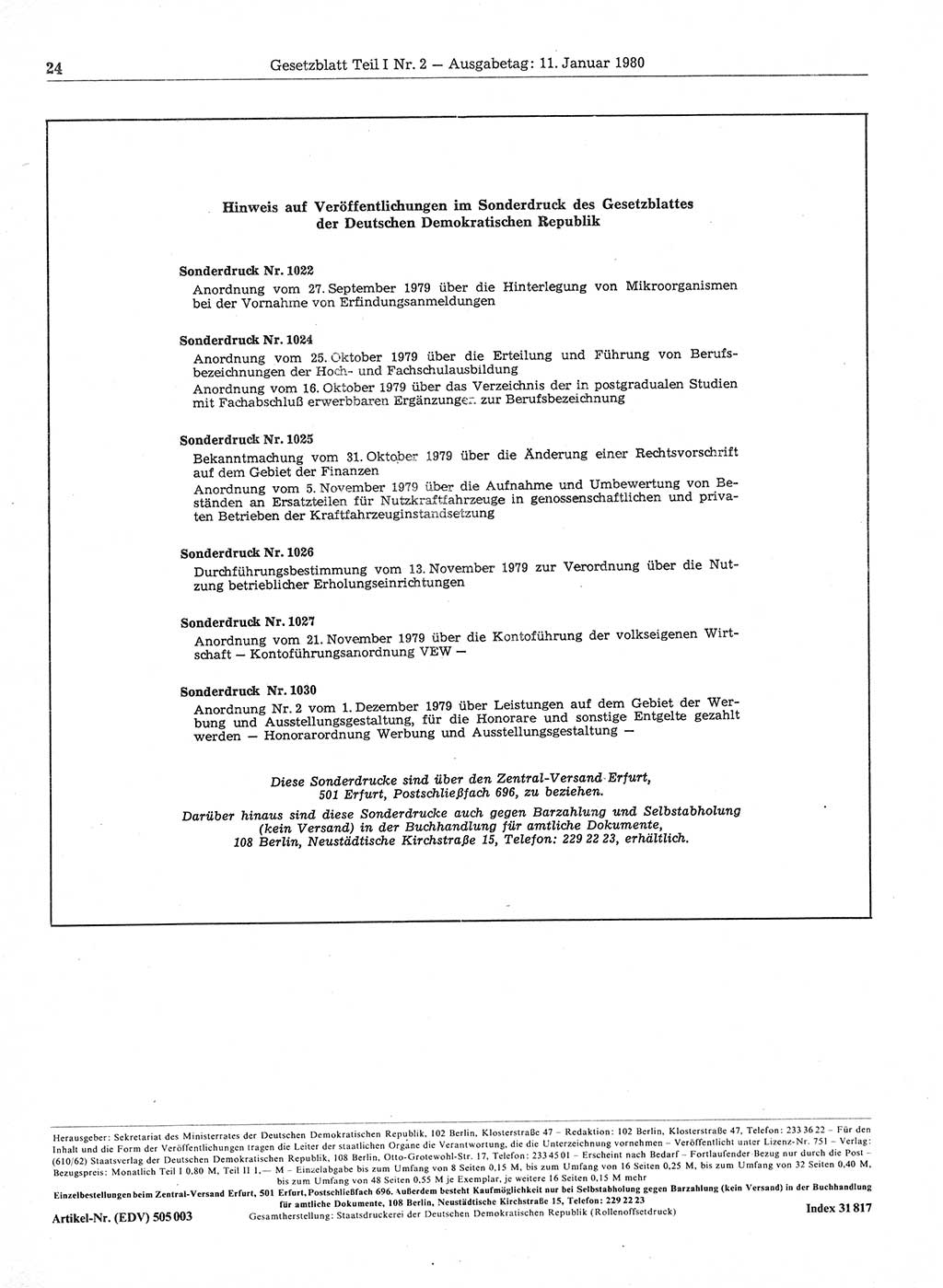 Gesetzblatt (GBl.) der Deutschen Demokratischen Republik (DDR) Teil Ⅰ 1980, Seite 24 (GBl. DDR Ⅰ 1980, S. 24)