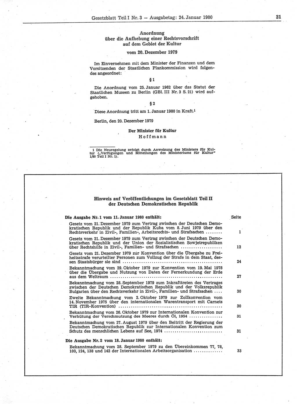 Gesetzblatt (GBl.) der Deutschen Demokratischen Republik (DDR) Teil Ⅰ 1980, Seite 31 (GBl. DDR Ⅰ 1980, S. 31)