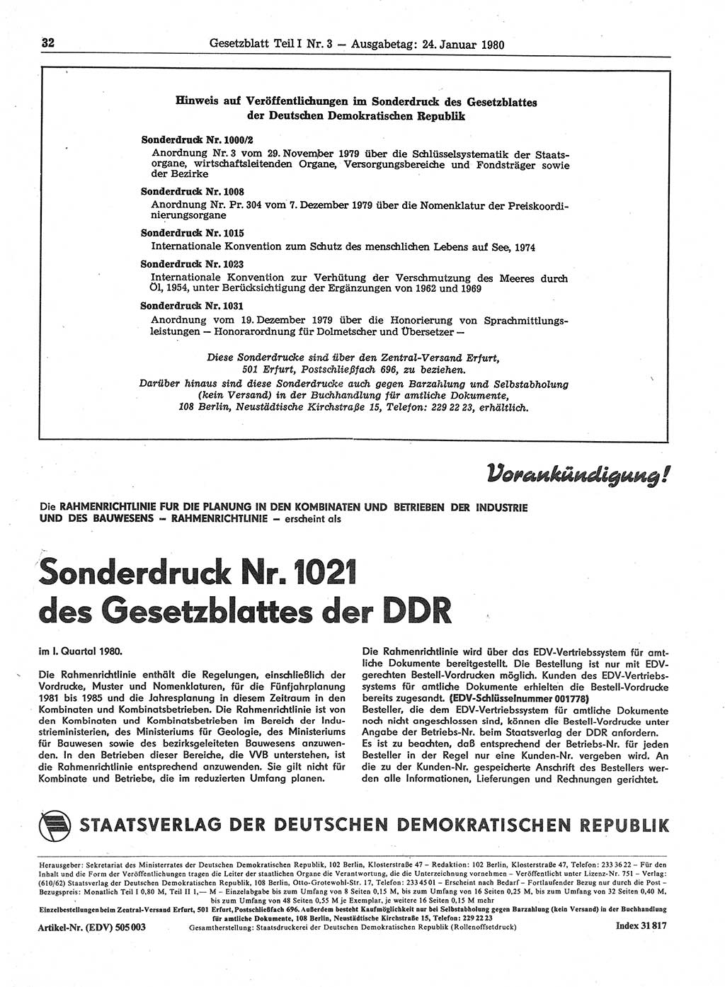 Gesetzblatt (GBl.) der Deutschen Demokratischen Republik (DDR) Teil Ⅰ 1980, Seite 32 (GBl. DDR Ⅰ 1980, S. 32)
