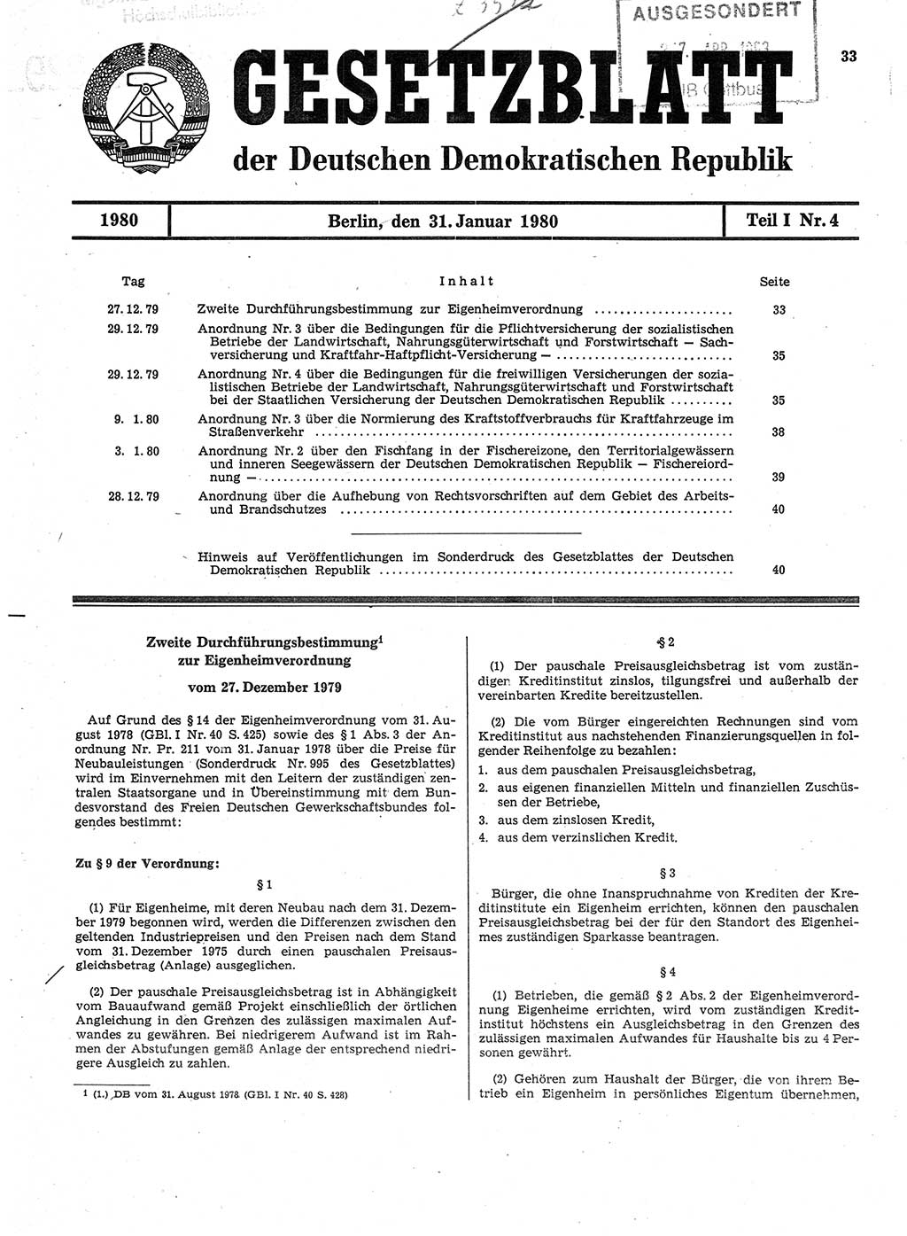 Gesetzblatt (GBl.) der Deutschen Demokratischen Republik (DDR) Teil Ⅰ 1980, Seite 33 (GBl. DDR Ⅰ 1980, S. 33)