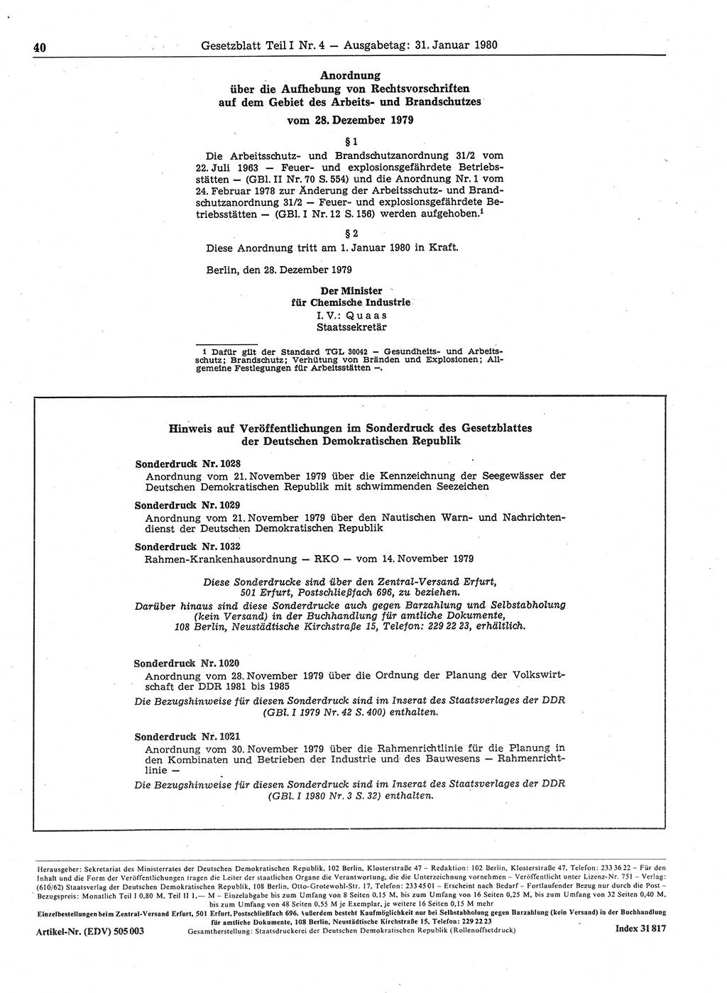 Gesetzblatt (GBl.) der Deutschen Demokratischen Republik (DDR) Teil Ⅰ 1980, Seite 40 (GBl. DDR Ⅰ 1980, S. 40)