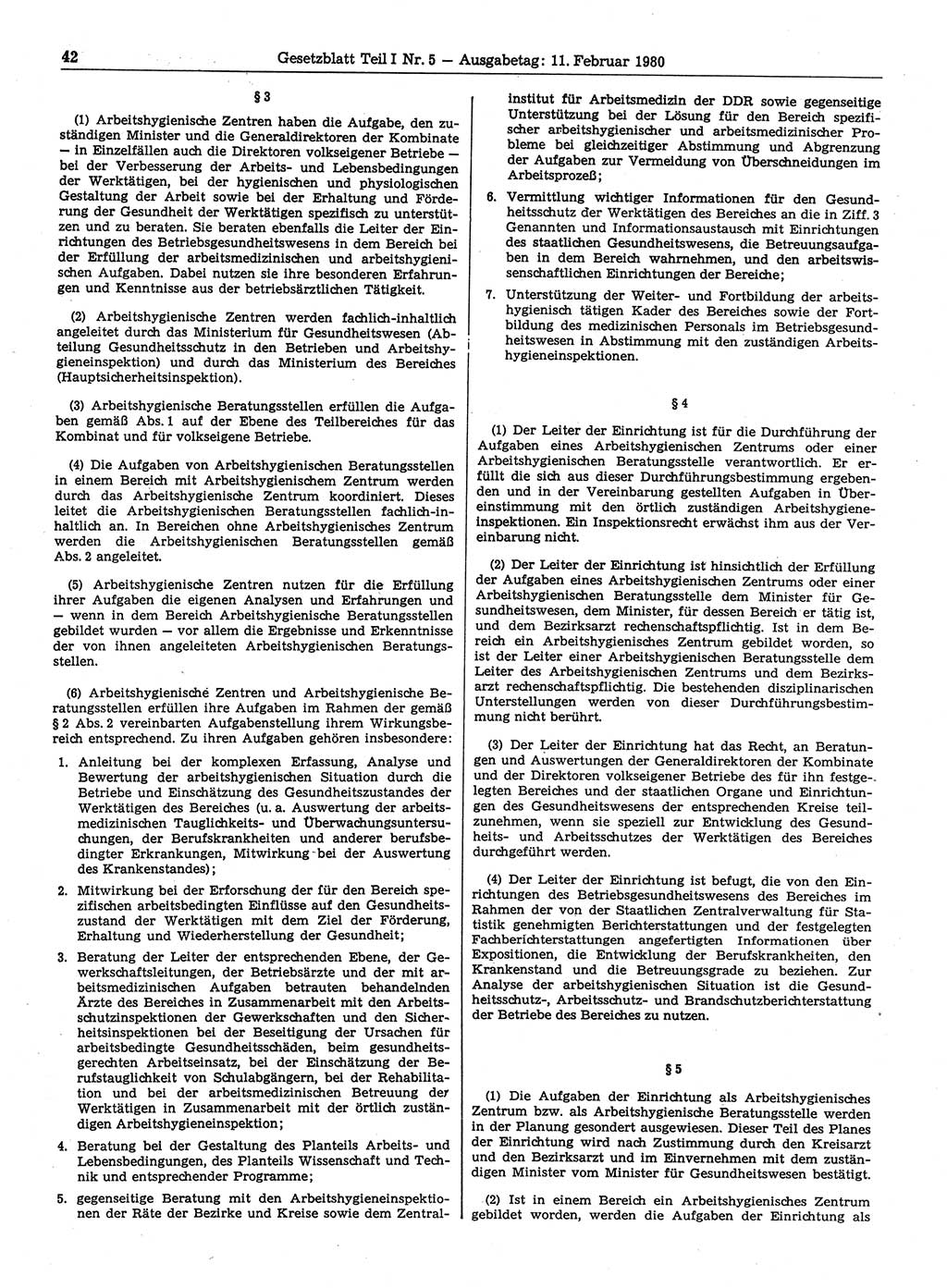 Gesetzblatt (GBl.) der Deutschen Demokratischen Republik (DDR) Teil Ⅰ 1980, Seite 42 (GBl. DDR Ⅰ 1980, S. 42)