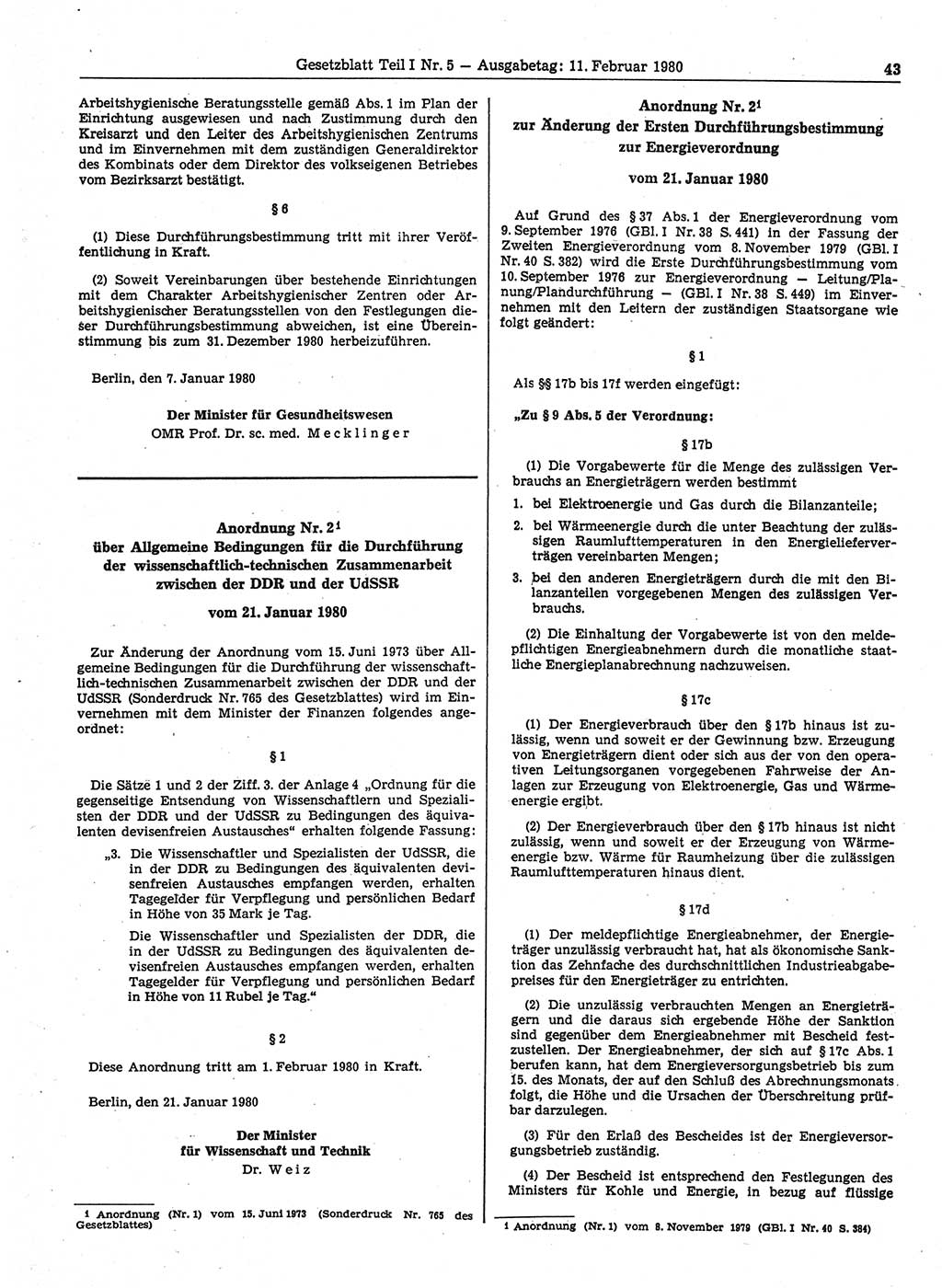 Gesetzblatt (GBl.) der Deutschen Demokratischen Republik (DDR) Teil Ⅰ 1980, Seite 43 (GBl. DDR Ⅰ 1980, S. 43)