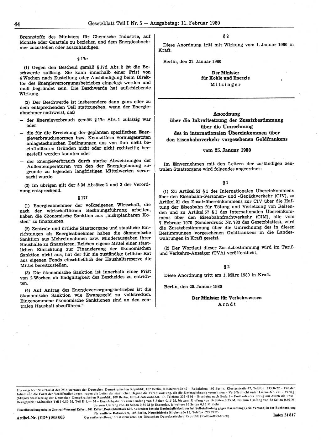 Gesetzblatt (GBl.) der Deutschen Demokratischen Republik (DDR) Teil Ⅰ 1980, Seite 44 (GBl. DDR Ⅰ 1980, S. 44)