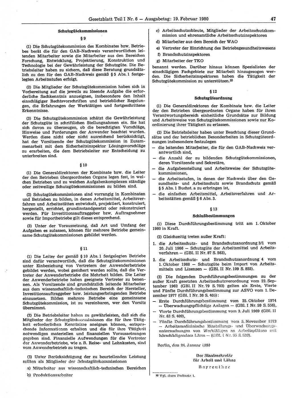 Gesetzblatt (GBl.) der Deutschen Demokratischen Republik (DDR) Teil Ⅰ 1980, Seite 47 (GBl. DDR Ⅰ 1980, S. 47)