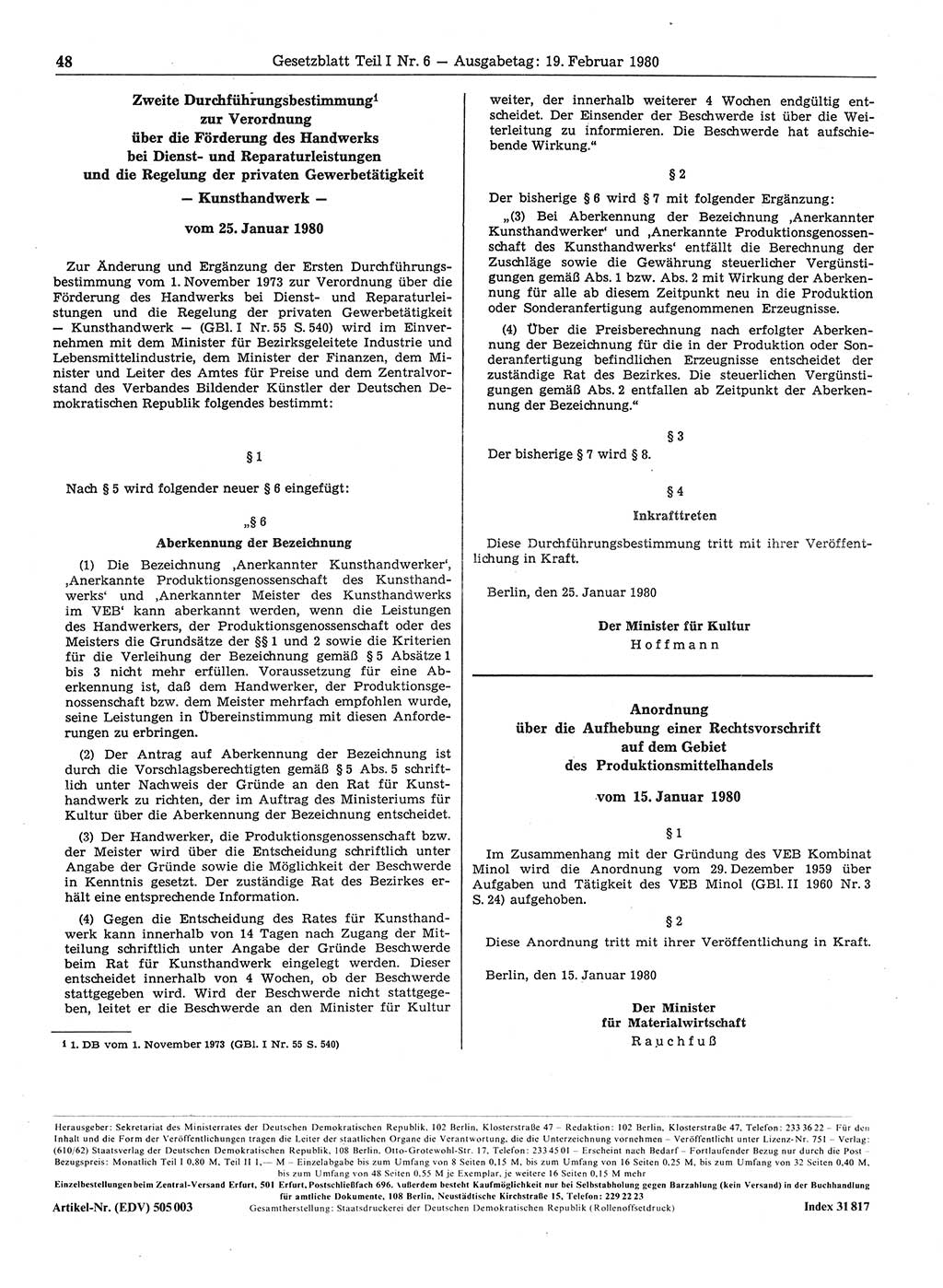 Gesetzblatt (GBl.) der Deutschen Demokratischen Republik (DDR) Teil Ⅰ 1980, Seite 48 (GBl. DDR Ⅰ 1980, S. 48)