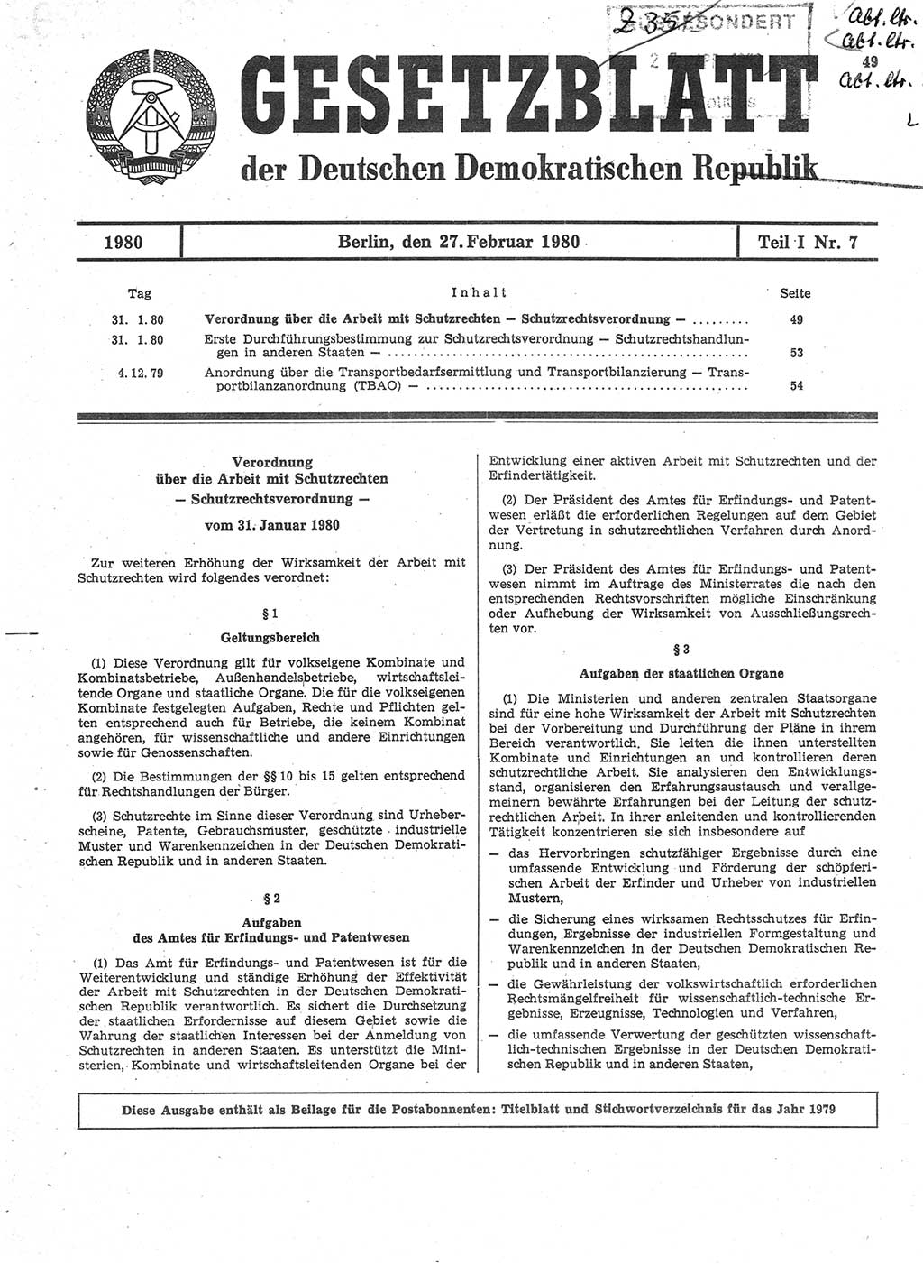 Gesetzblatt (GBl.) der Deutschen Demokratischen Republik (DDR) Teil Ⅰ 1980, Seite 49 (GBl. DDR Ⅰ 1980, S. 49)