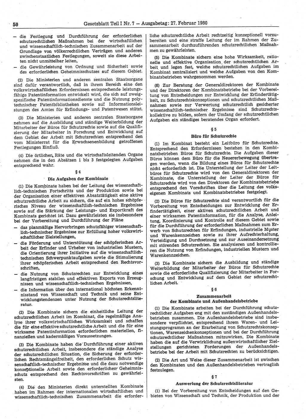 Gesetzblatt (GBl.) der Deutschen Demokratischen Republik (DDR) Teil Ⅰ 1980, Seite 50 (GBl. DDR Ⅰ 1980, S. 50)