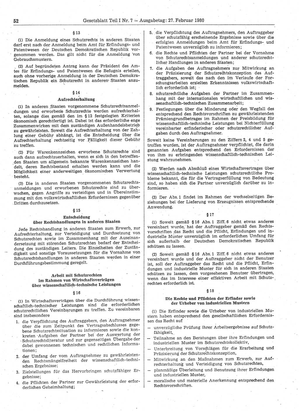 Gesetzblatt (GBl.) der Deutschen Demokratischen Republik (DDR) Teil Ⅰ 1980, Seite 52 (GBl. DDR Ⅰ 1980, S. 52)