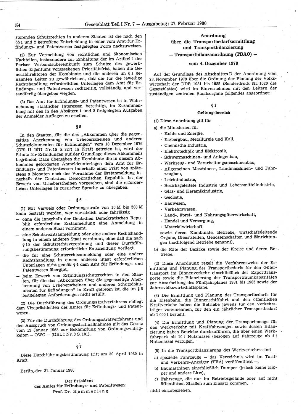 Gesetzblatt (GBl.) der Deutschen Demokratischen Republik (DDR) Teil Ⅰ 1980, Seite 54 (GBl. DDR Ⅰ 1980, S. 54)