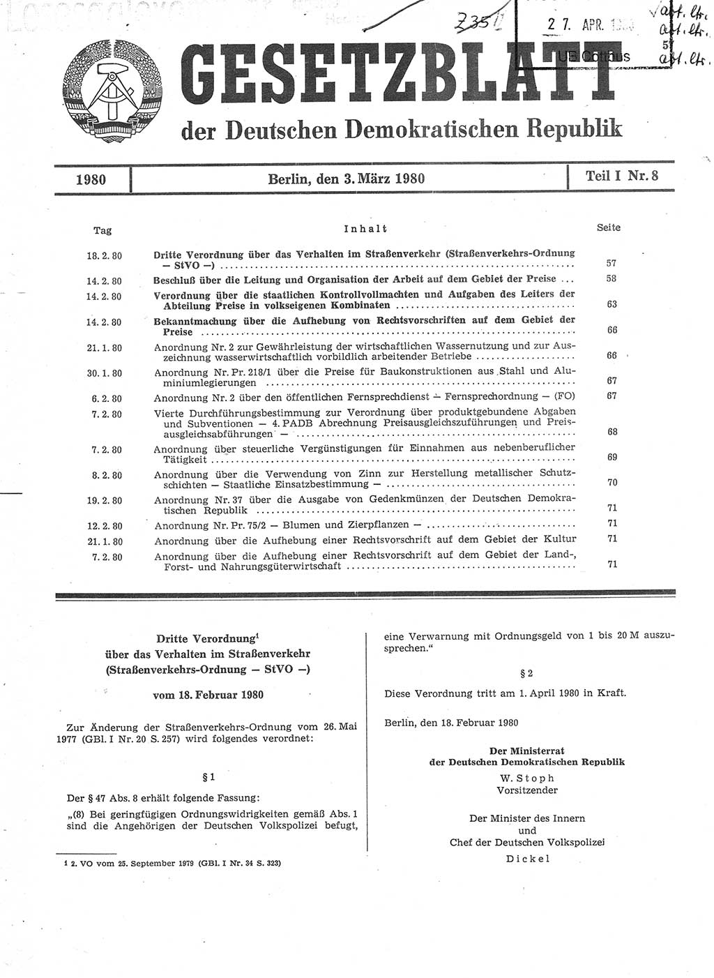 Gesetzblatt (GBl.) der Deutschen Demokratischen Republik (DDR) Teil Ⅰ 1980, Seite 57 (GBl. DDR Ⅰ 1980, S. 57)