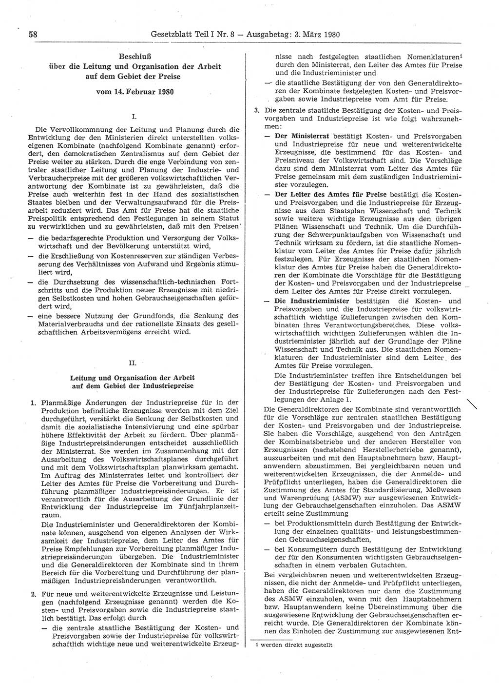 Gesetzblatt (GBl.) der Deutschen Demokratischen Republik (DDR) Teil Ⅰ 1980, Seite 58 (GBl. DDR Ⅰ 1980, S. 58)