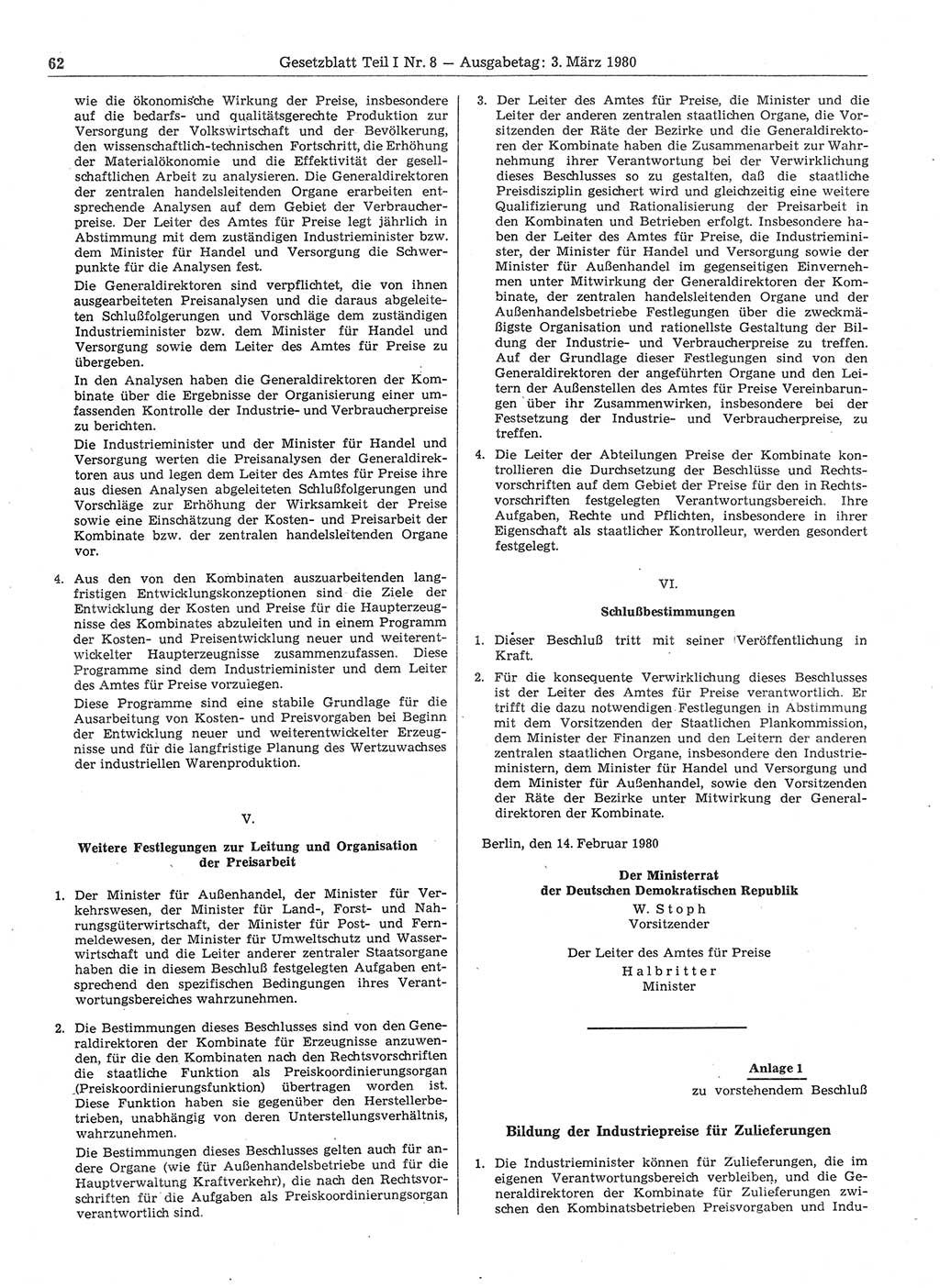 Gesetzblatt (GBl.) der Deutschen Demokratischen Republik (DDR) Teil Ⅰ 1980, Seite 62 (GBl. DDR Ⅰ 1980, S. 62)