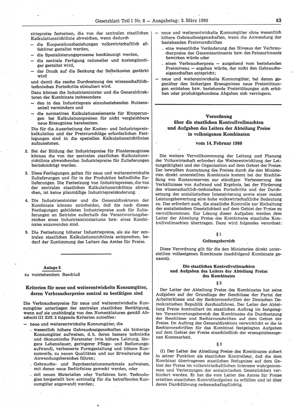 Gesetzblatt (GBl.) der Deutschen Demokratischen Republik (DDR) Teil Ⅰ 1980, Seite 63 (GBl. DDR Ⅰ 1980, S. 63)