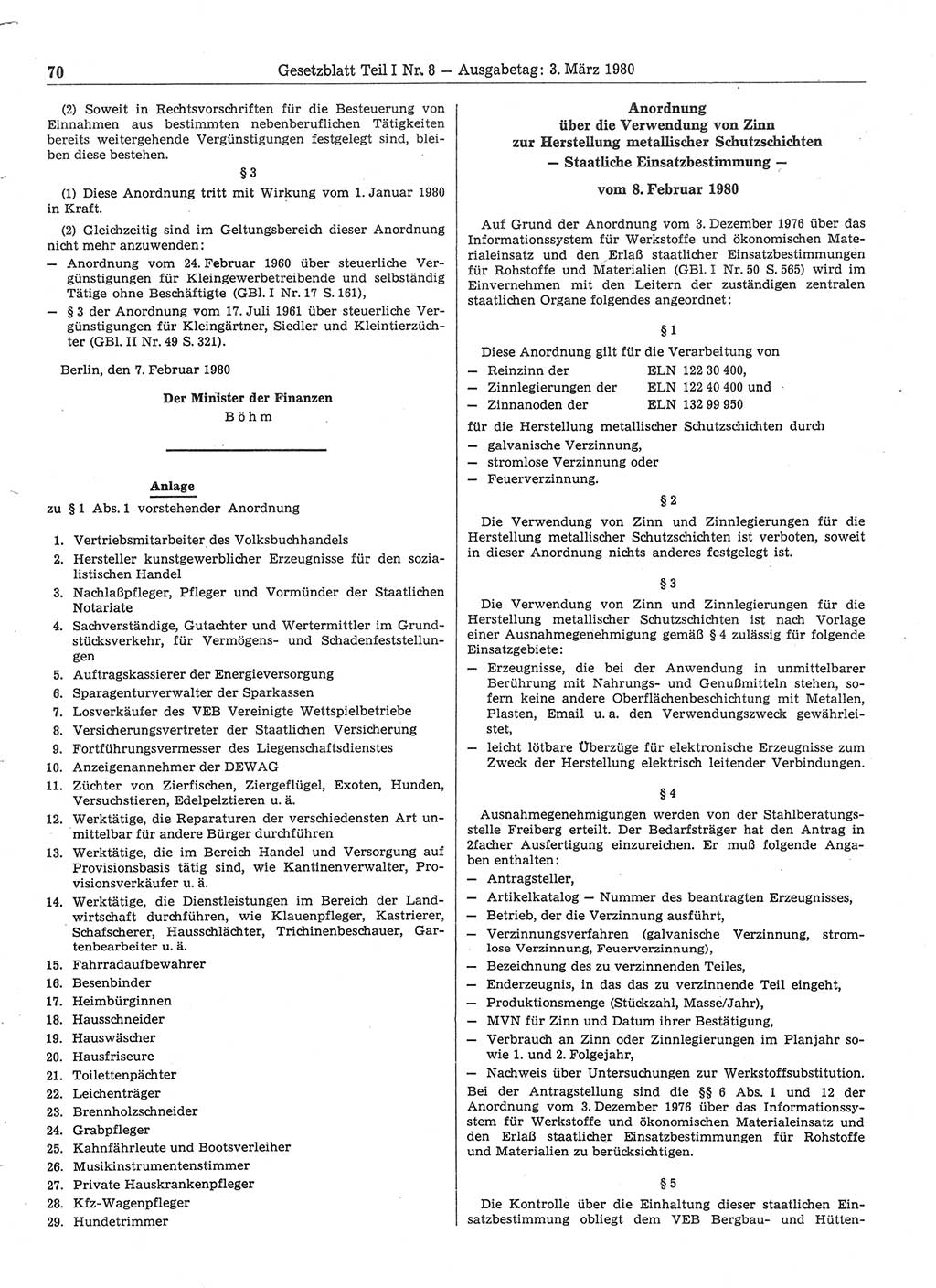 Gesetzblatt (GBl.) der Deutschen Demokratischen Republik (DDR) Teil Ⅰ 1980, Seite 70 (GBl. DDR Ⅰ 1980, S. 70)