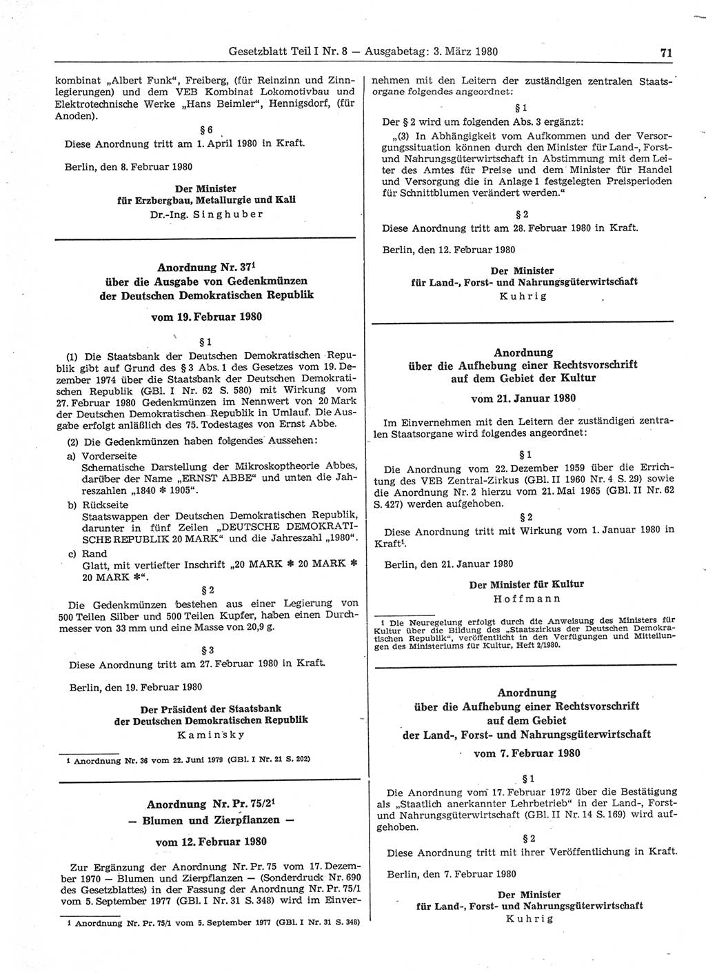 Gesetzblatt (GBl.) der Deutschen Demokratischen Republik (DDR) Teil Ⅰ 1980, Seite 71 (GBl. DDR Ⅰ 1980, S. 71)