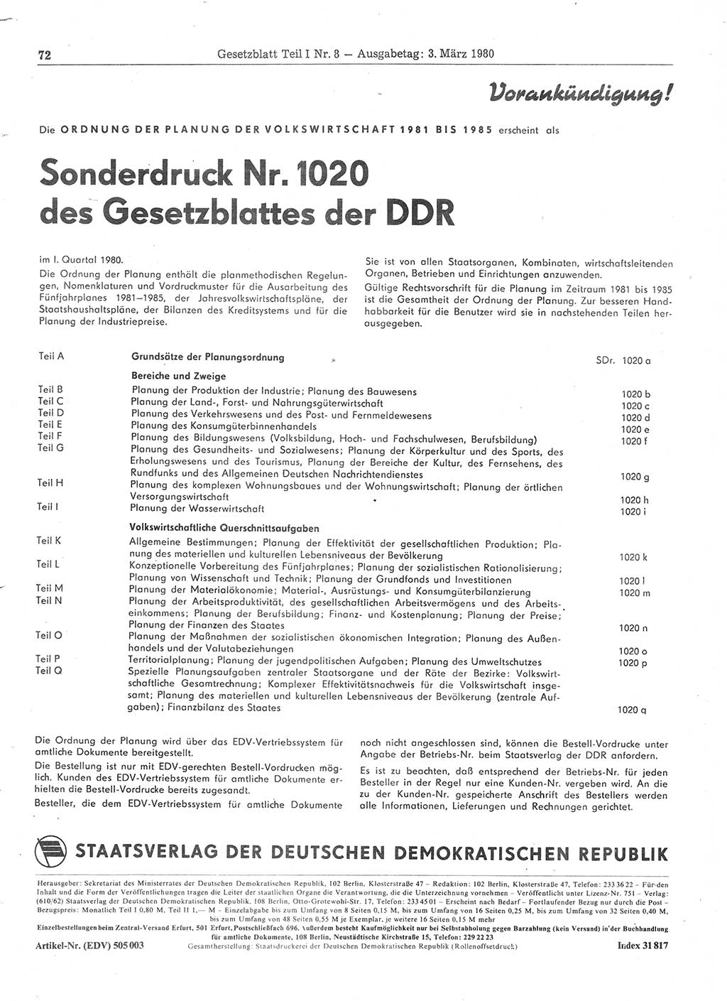 Gesetzblatt (GBl.) der Deutschen Demokratischen Republik (DDR) Teil Ⅰ 1980, Seite 72 (GBl. DDR Ⅰ 1980, S. 72)