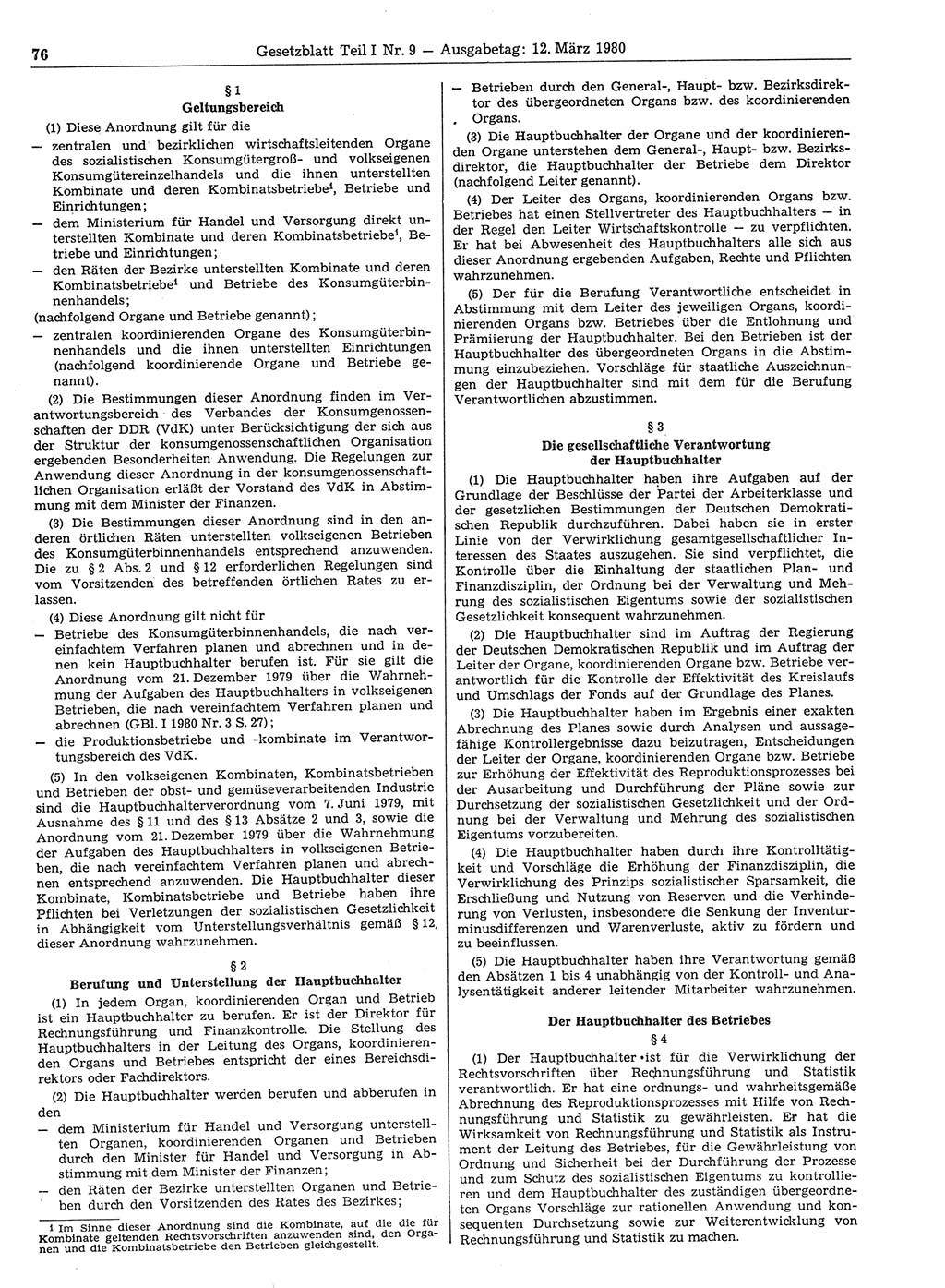 Gesetzblatt (GBl.) der Deutschen Demokratischen Republik (DDR) Teil Ⅰ 1980, Seite 76 (GBl. DDR Ⅰ 1980, S. 76)